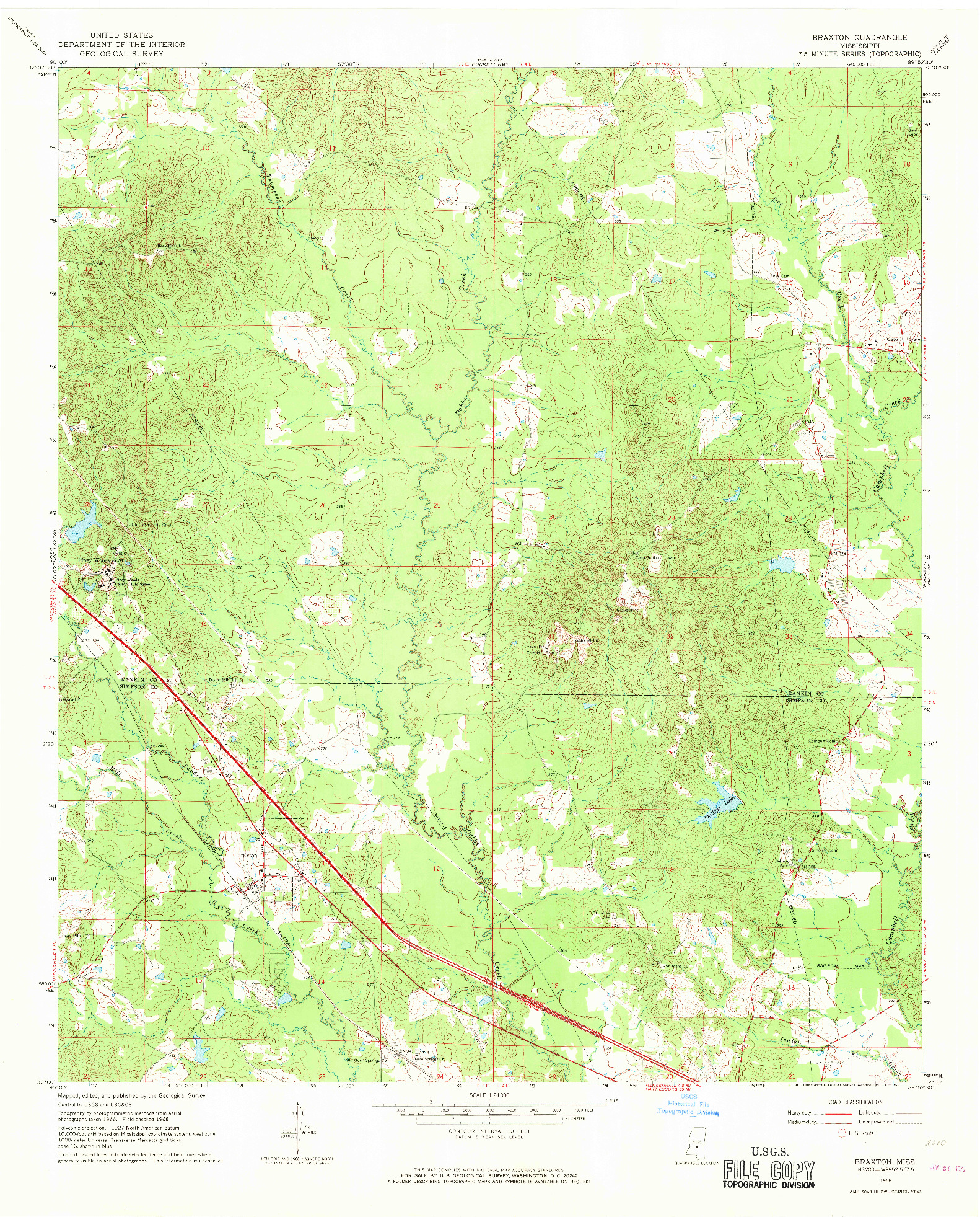 USGS 1:24000-SCALE QUADRANGLE FOR BRAXTON, MS 1968