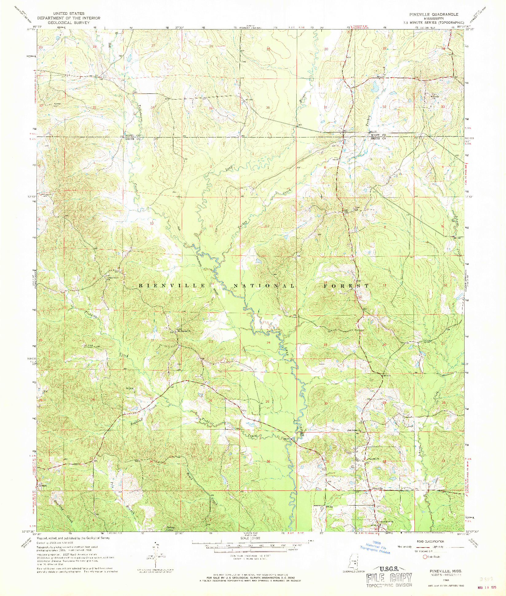 USGS 1:24000-SCALE QUADRANGLE FOR PINEVILLE, MS 1968