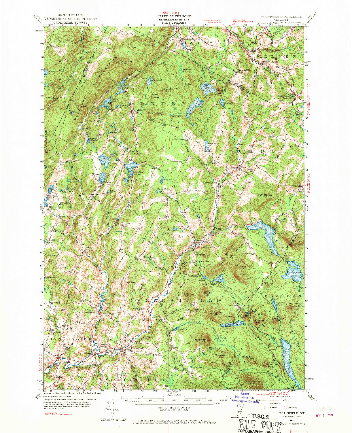 USGS 1:62500-SCALE QUADRANGLE FOR PLAINFIELD, VT 1953