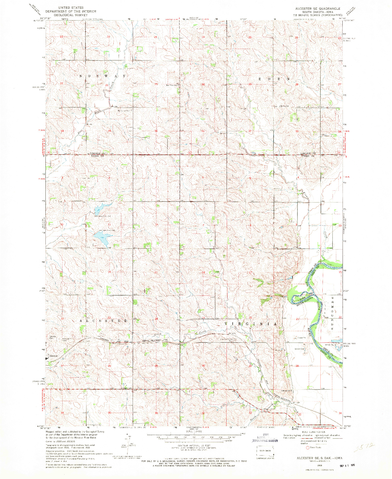 USGS 1:24000-SCALE QUADRANGLE FOR ALCESTER SE, SD 1968