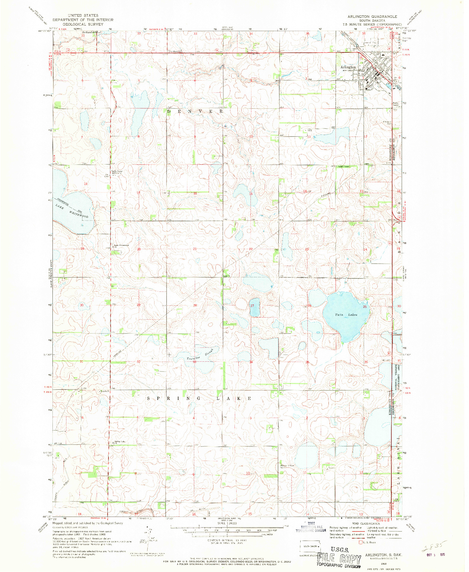 USGS 1:24000-SCALE QUADRANGLE FOR ARLINGTON, SD 1968