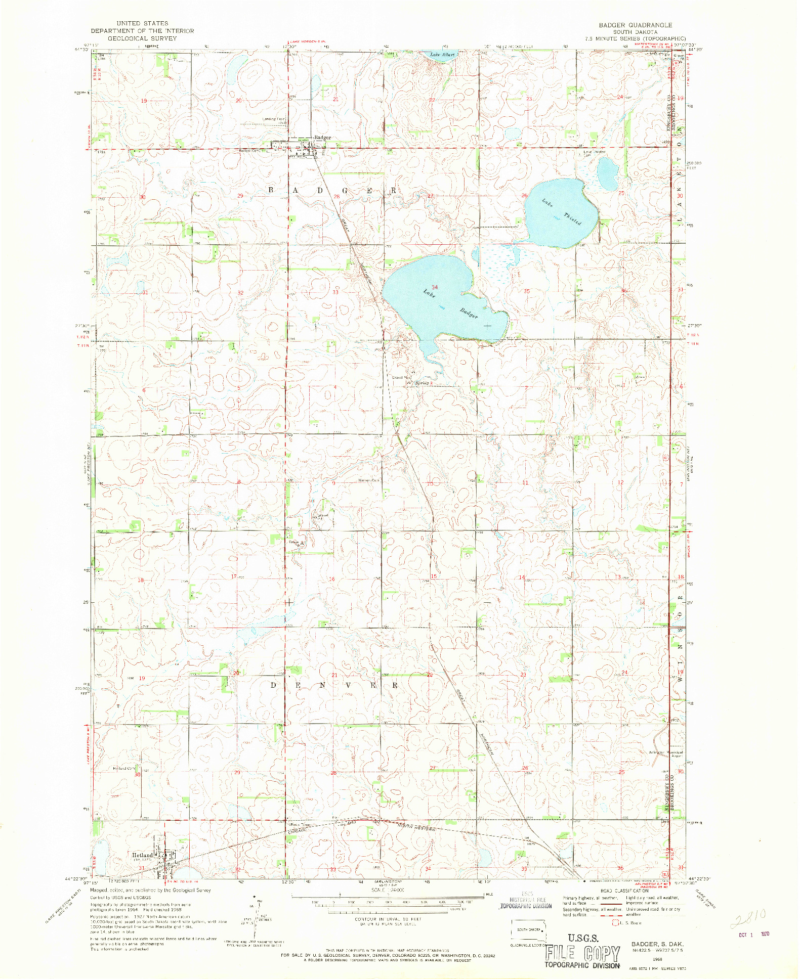 USGS 1:24000-SCALE QUADRANGLE FOR BADGER, SD 1968