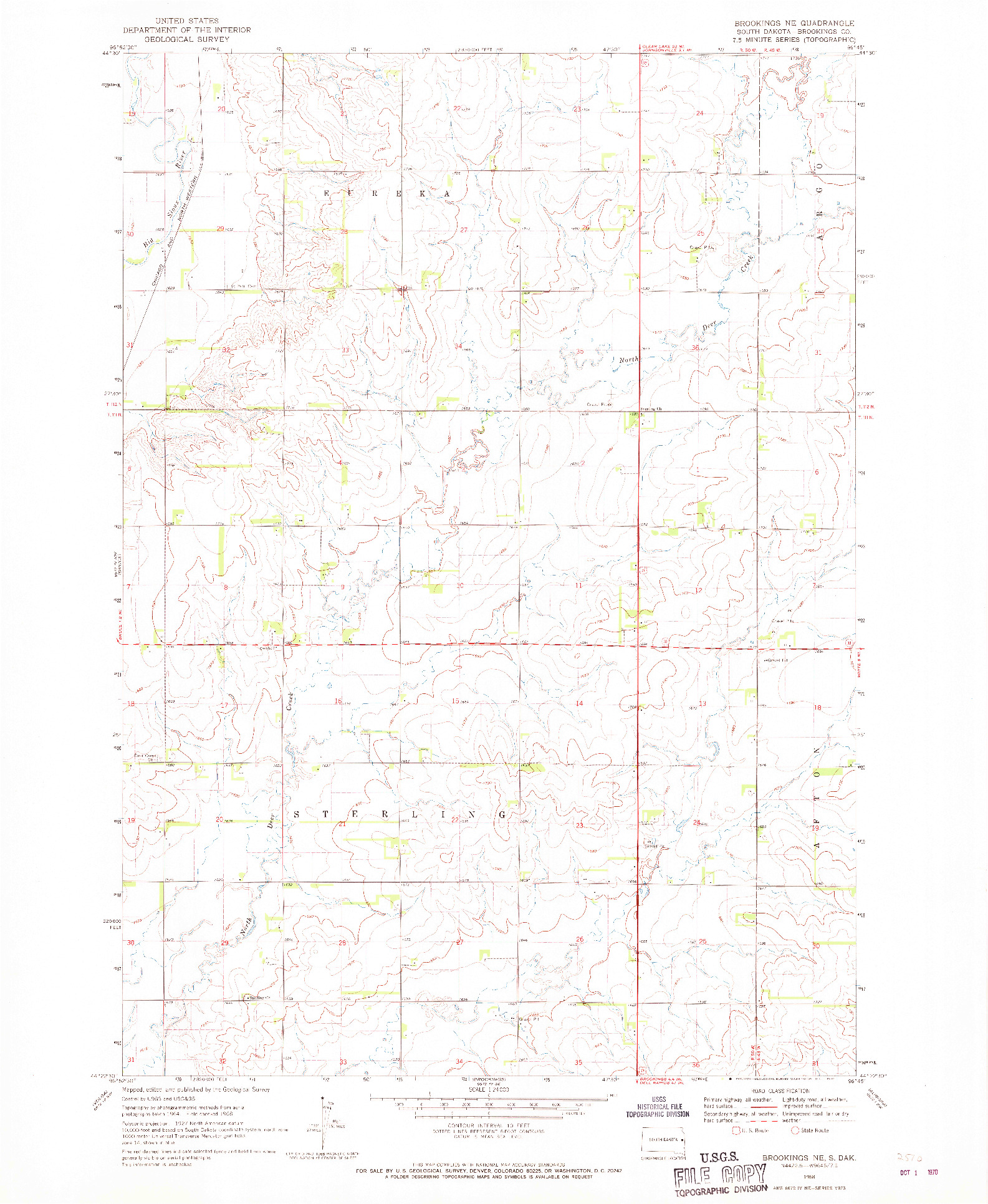 USGS 1:24000-SCALE QUADRANGLE FOR BROOKINGS NE, SD 1968
