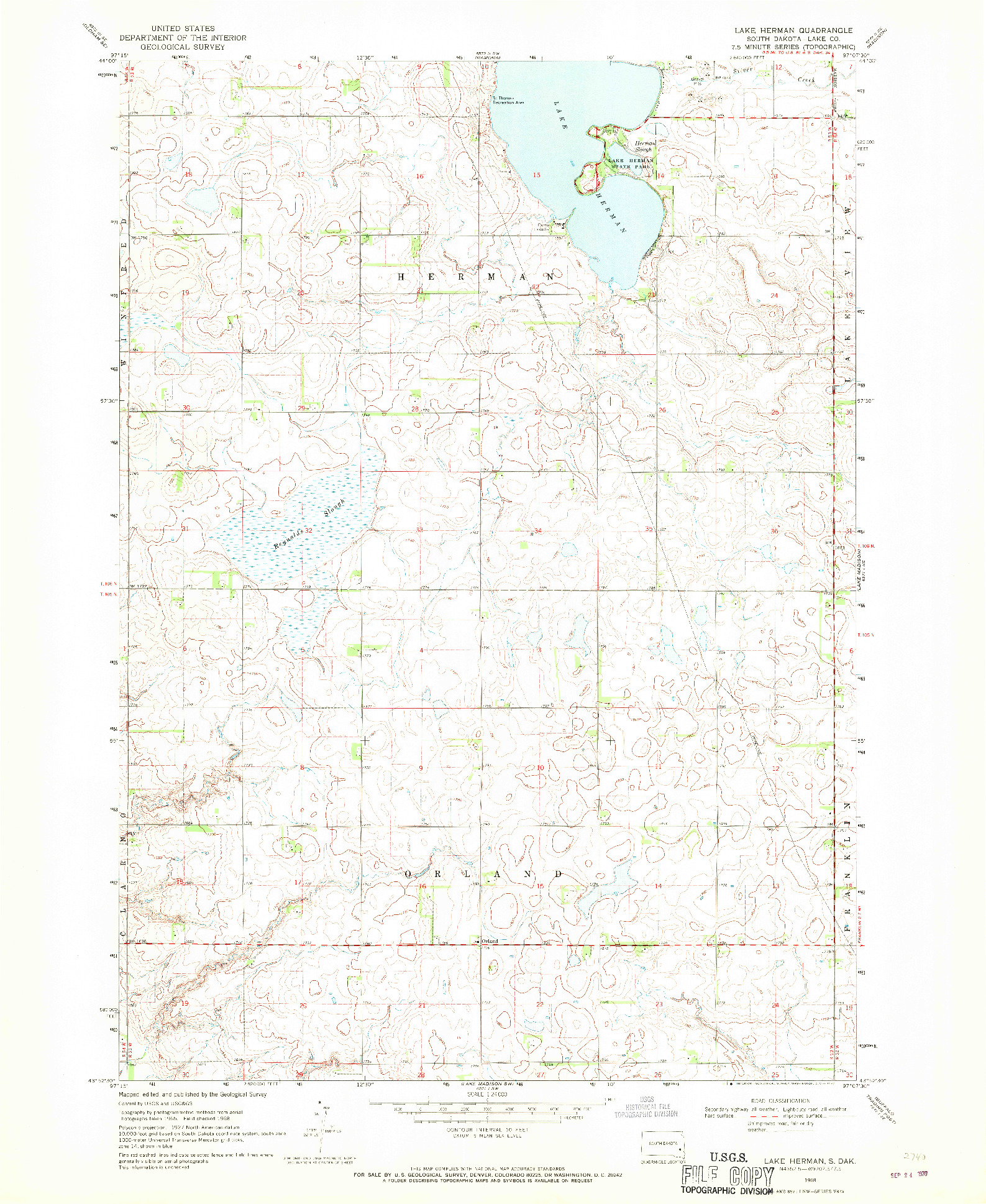 USGS 1:24000-SCALE QUADRANGLE FOR LAKE HERMAN, SD 1968