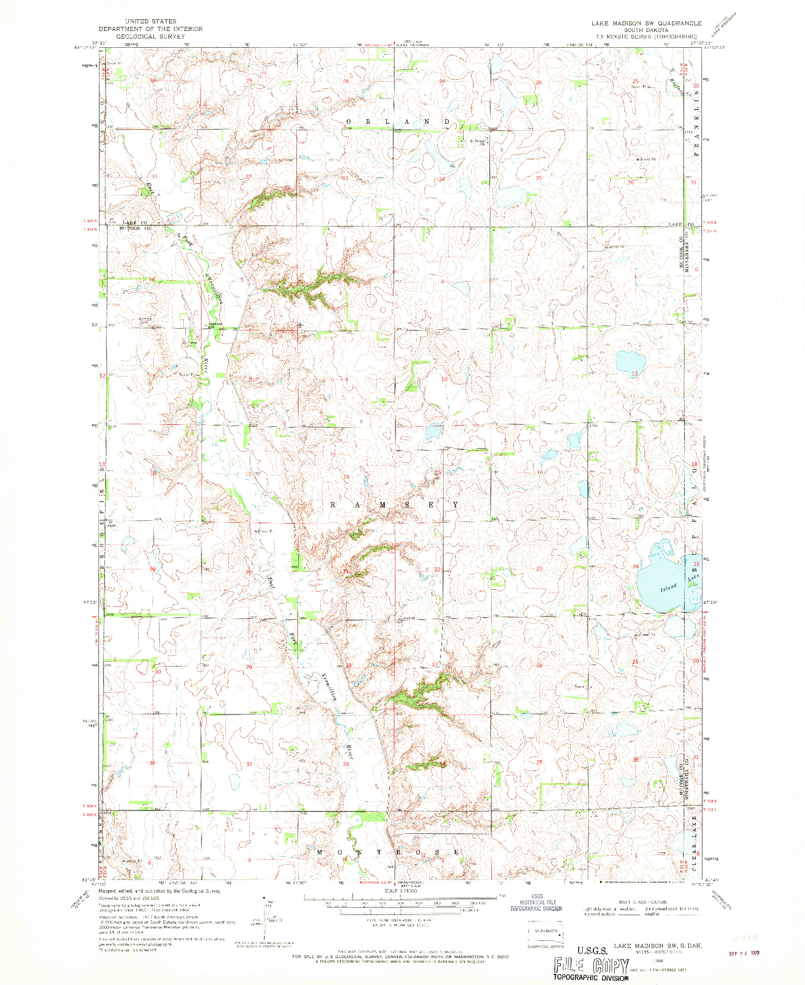USGS 1:24000-SCALE QUADRANGLE FOR LAKE MADISON SW, SD 1968