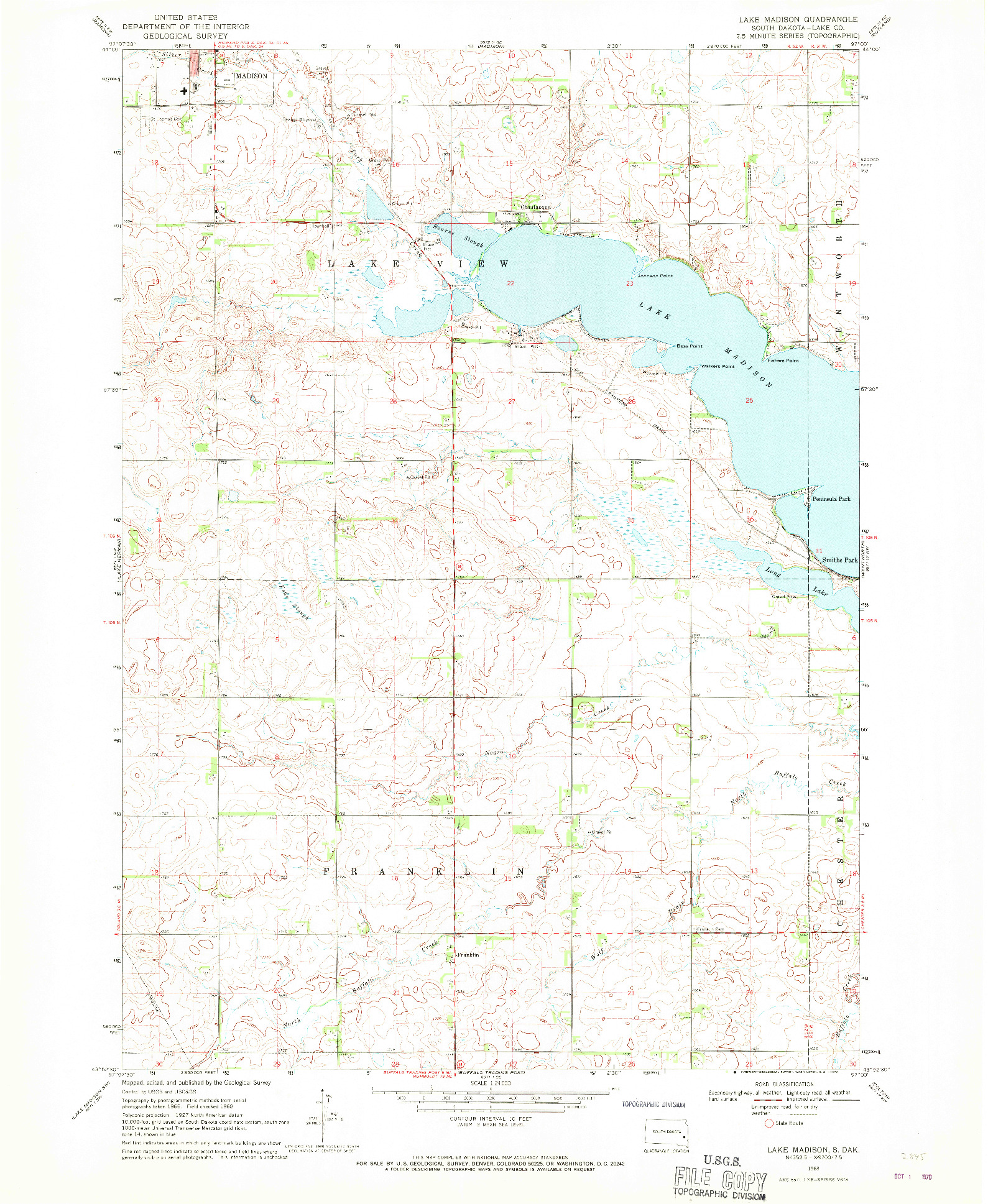 USGS 1:24000-SCALE QUADRANGLE FOR LAKE MADISON, SD 1968