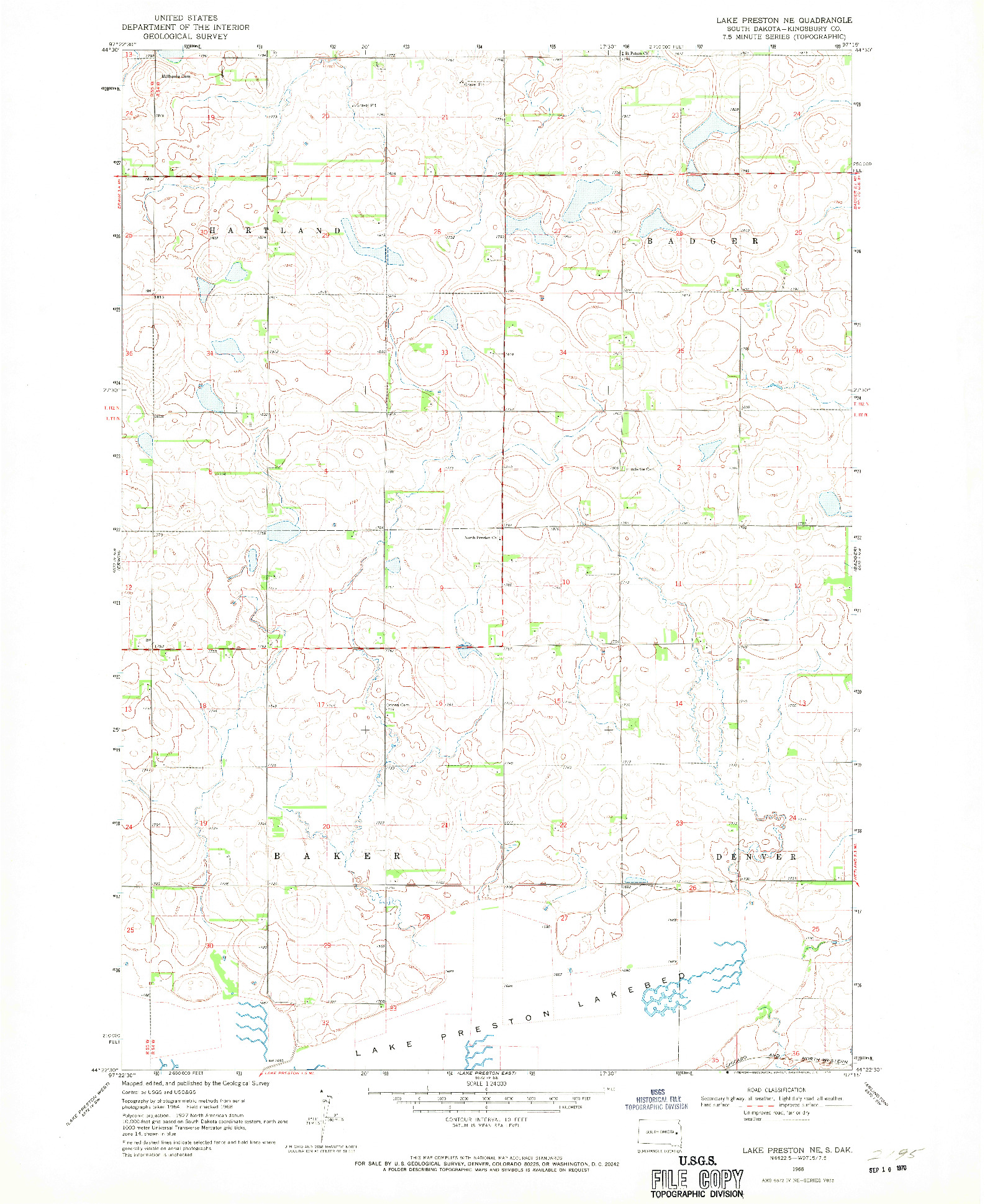 USGS 1:24000-SCALE QUADRANGLE FOR LAKE PRESTON NE, SD 1968