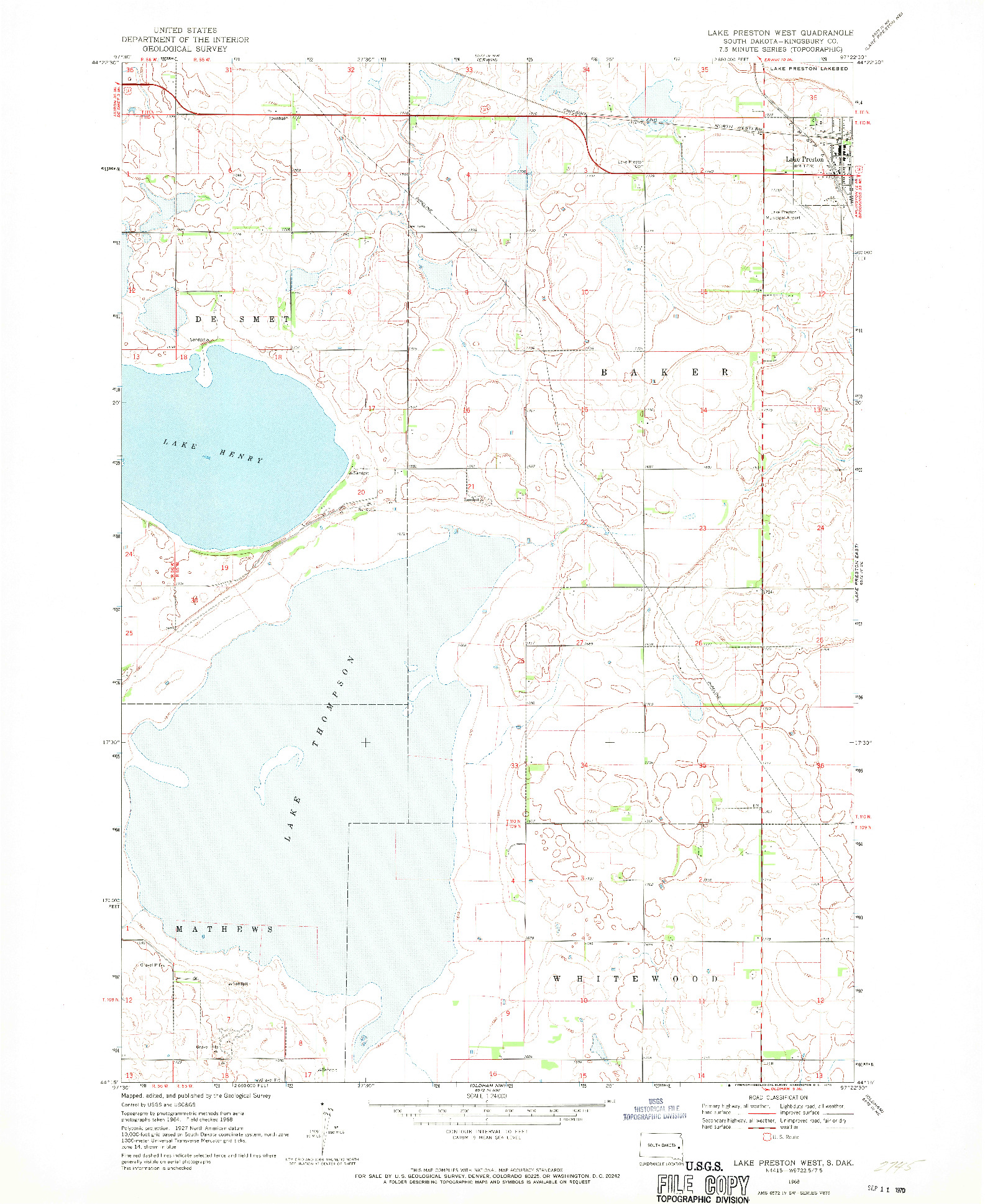 USGS 1:24000-SCALE QUADRANGLE FOR LAKE PRESTON WEST, SD 1968