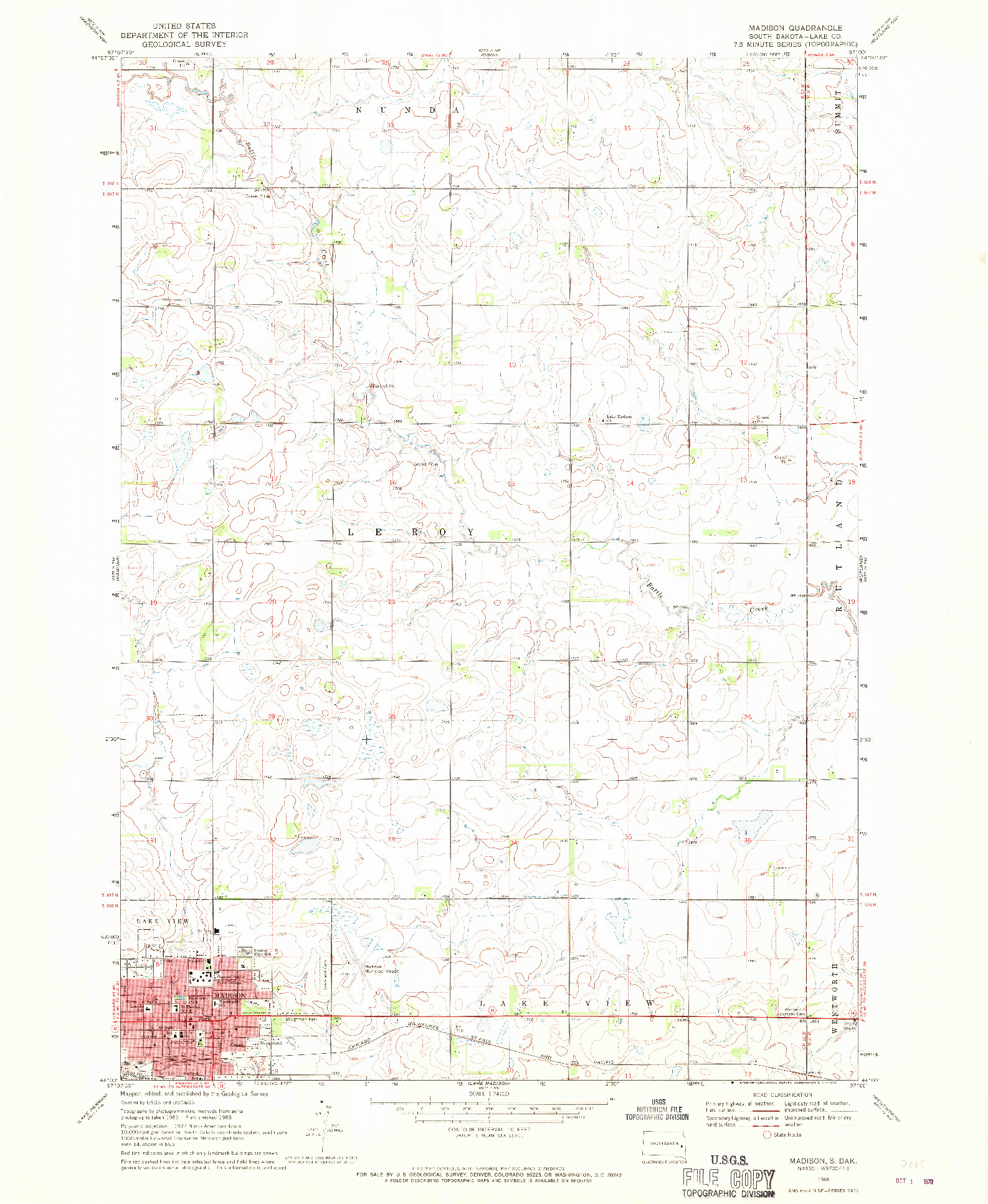 USGS 1:24000-SCALE QUADRANGLE FOR MADISON, SD 1968