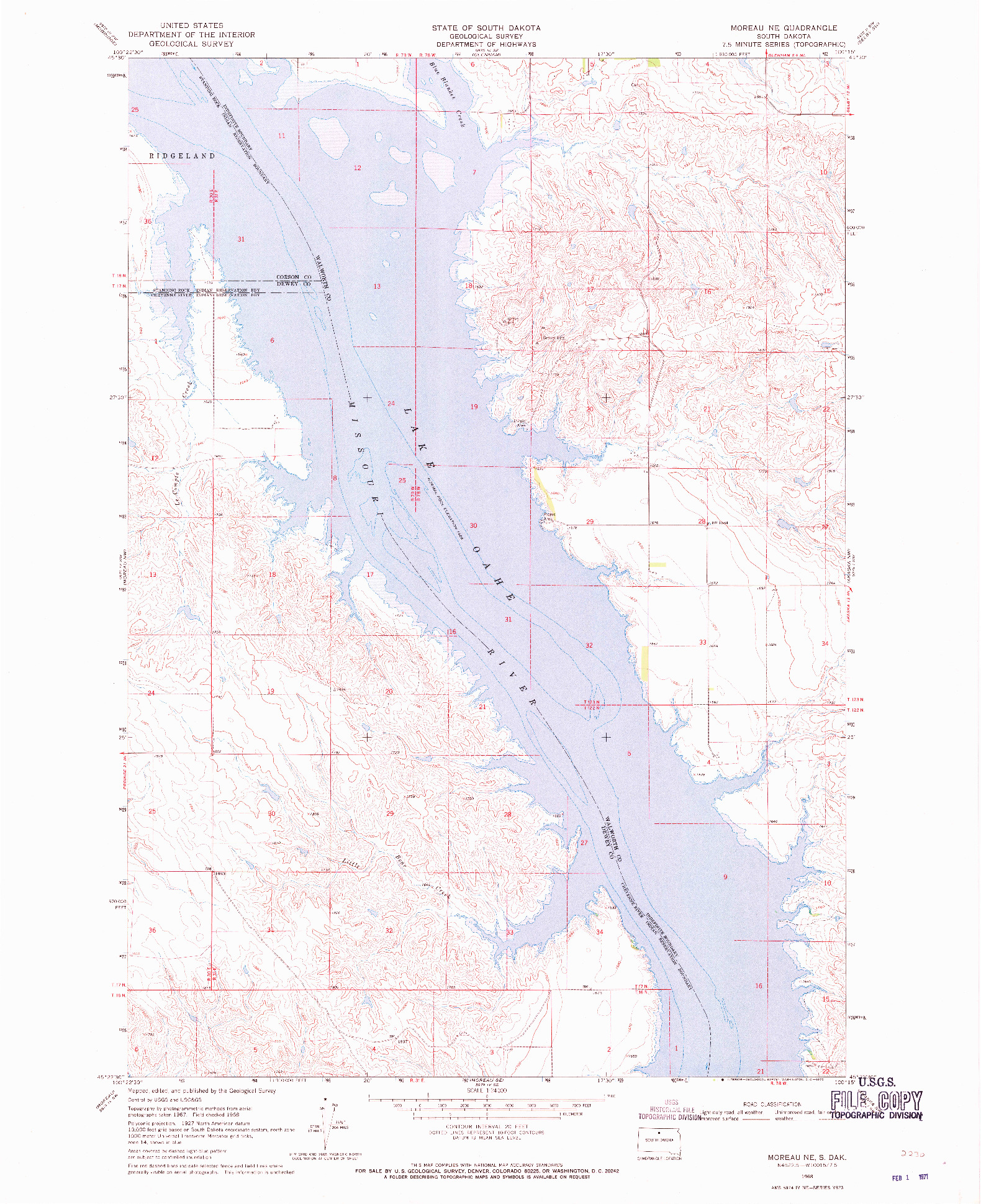 USGS 1:24000-SCALE QUADRANGLE FOR MOREAU NE, SD 1968