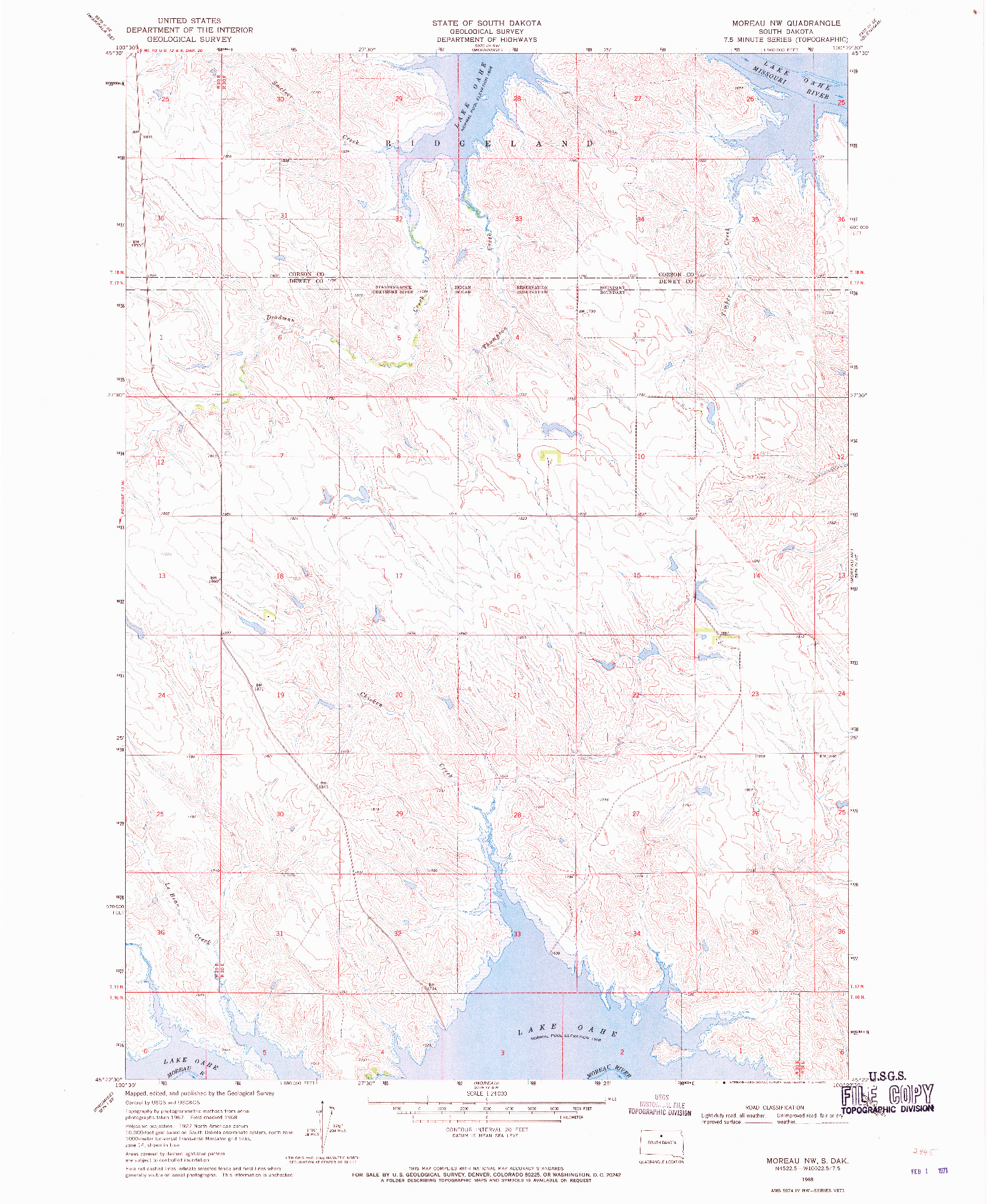 USGS 1:24000-SCALE QUADRANGLE FOR MOREAU NW, SD 1968