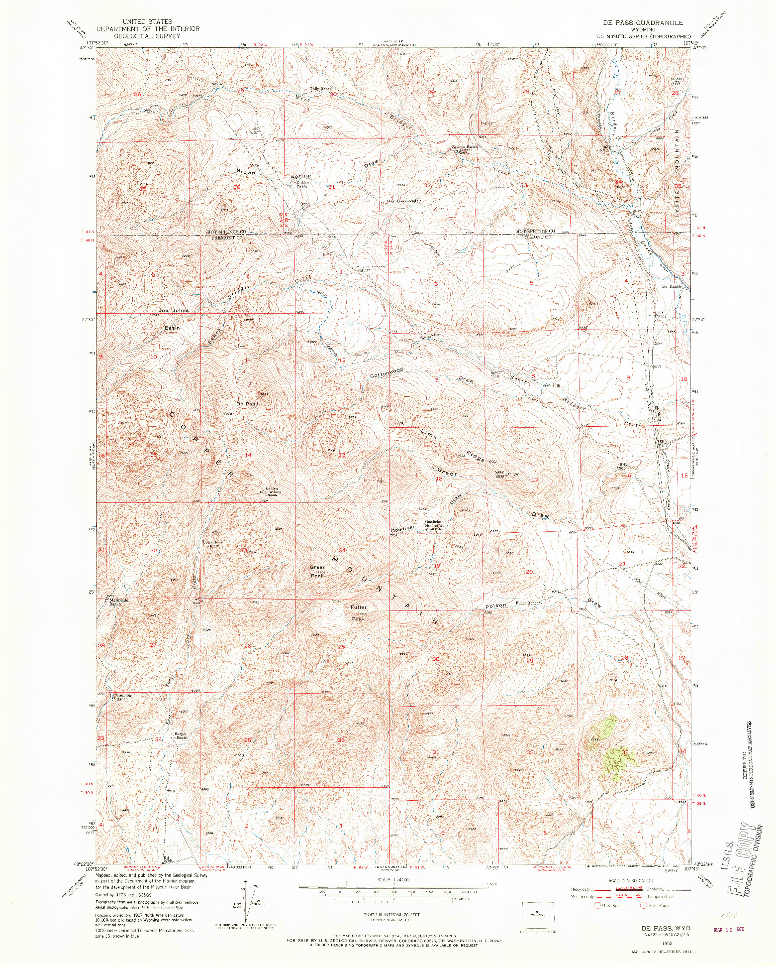 USGS 1:24000-SCALE QUADRANGLE FOR DE PASS, WY 1952