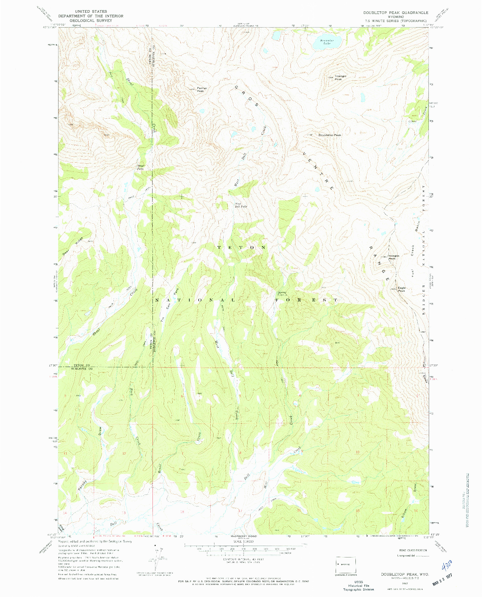 USGS 1:24000-SCALE QUADRANGLE FOR DOUBLETOP PEAK, WY 1967