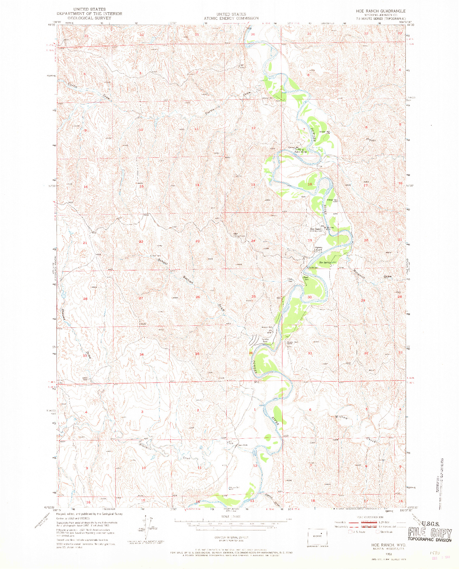 USGS 1:24000-SCALE QUADRANGLE FOR HOE RANCH, WY 1953