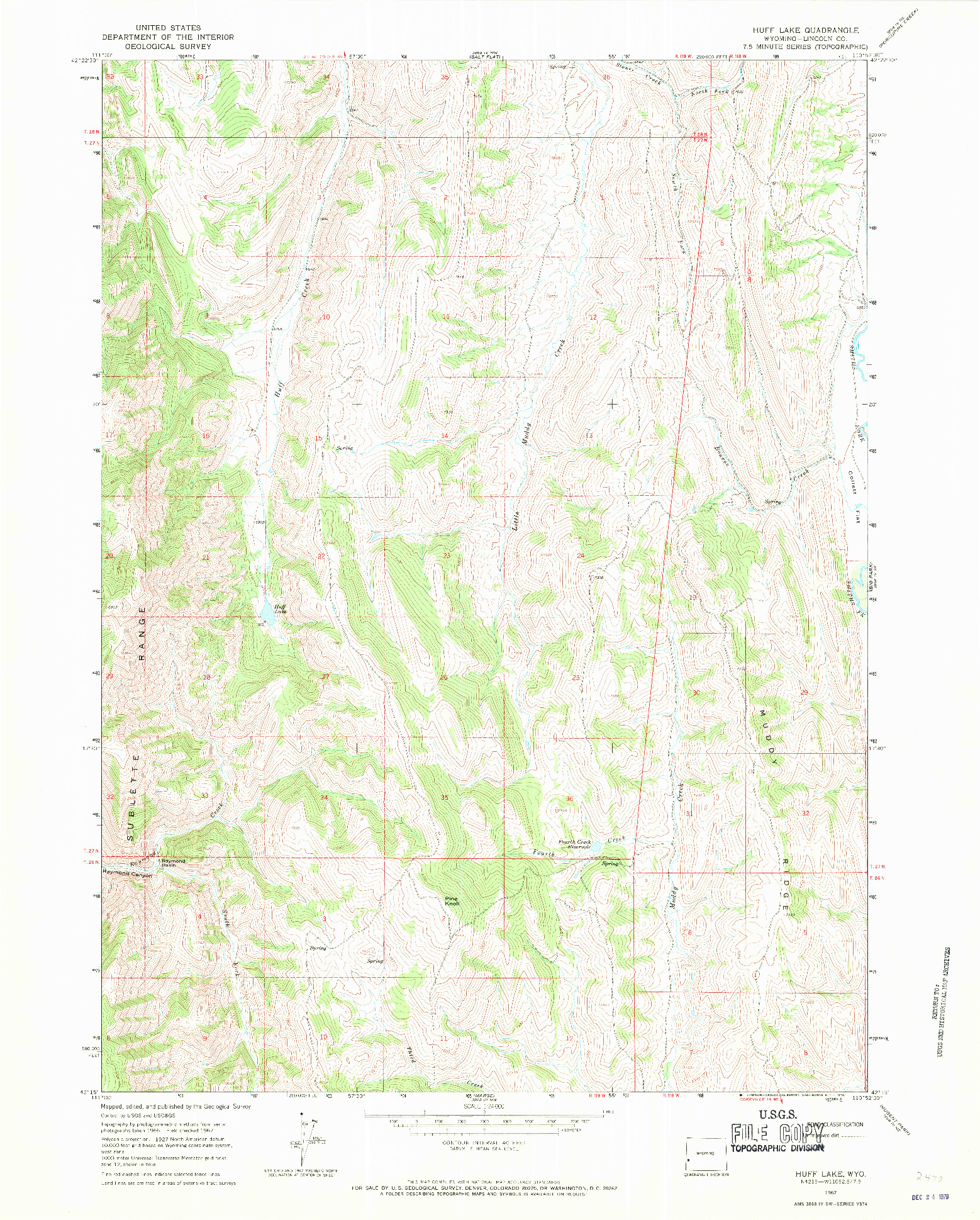 USGS 1:24000-SCALE QUADRANGLE FOR HUFF LAKE, WY 1967