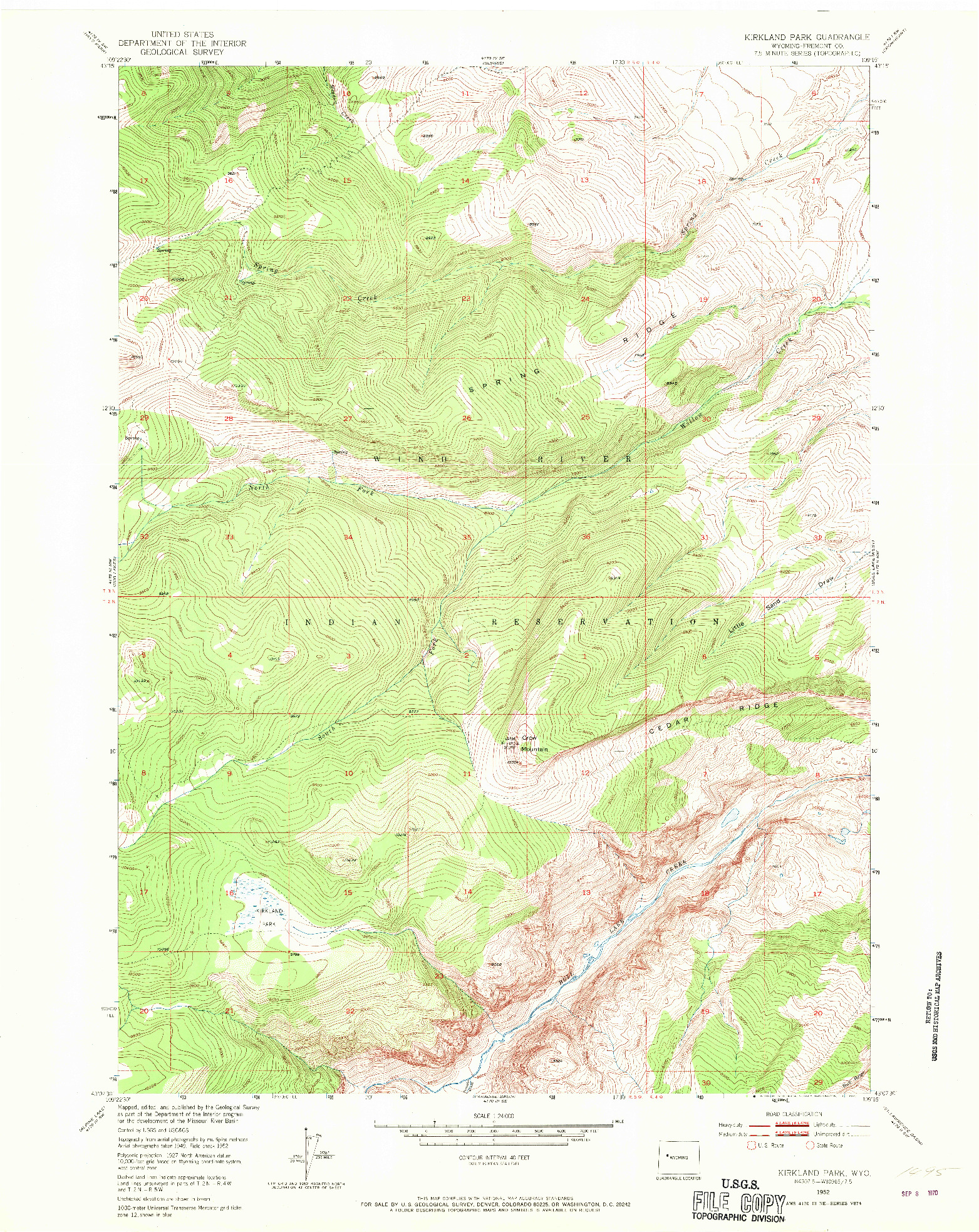 USGS 1:24000-SCALE QUADRANGLE FOR KIRKLAND PARK, WY 1952