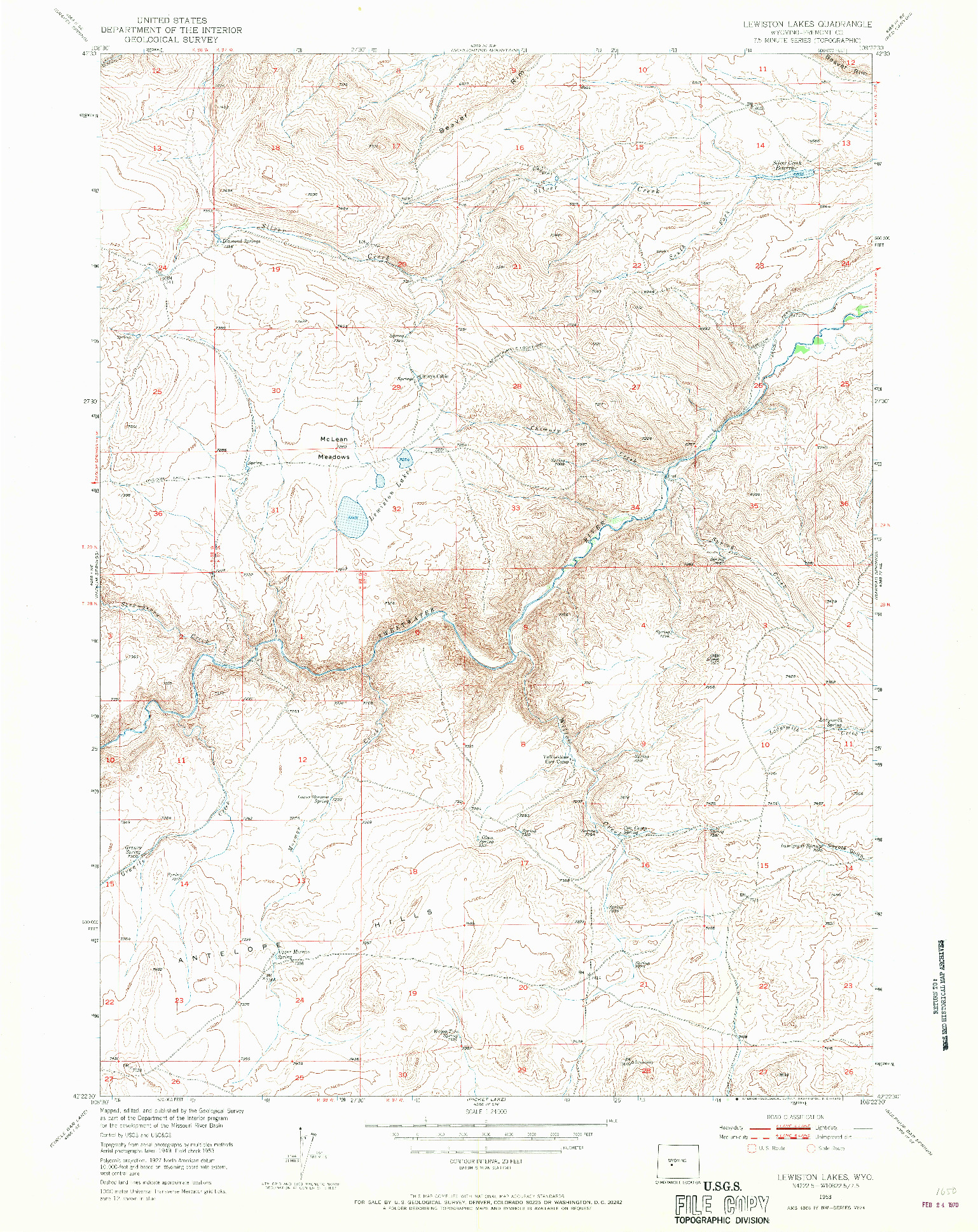 USGS 1:24000-SCALE QUADRANGLE FOR LEWISTON LAKES, WY 1953