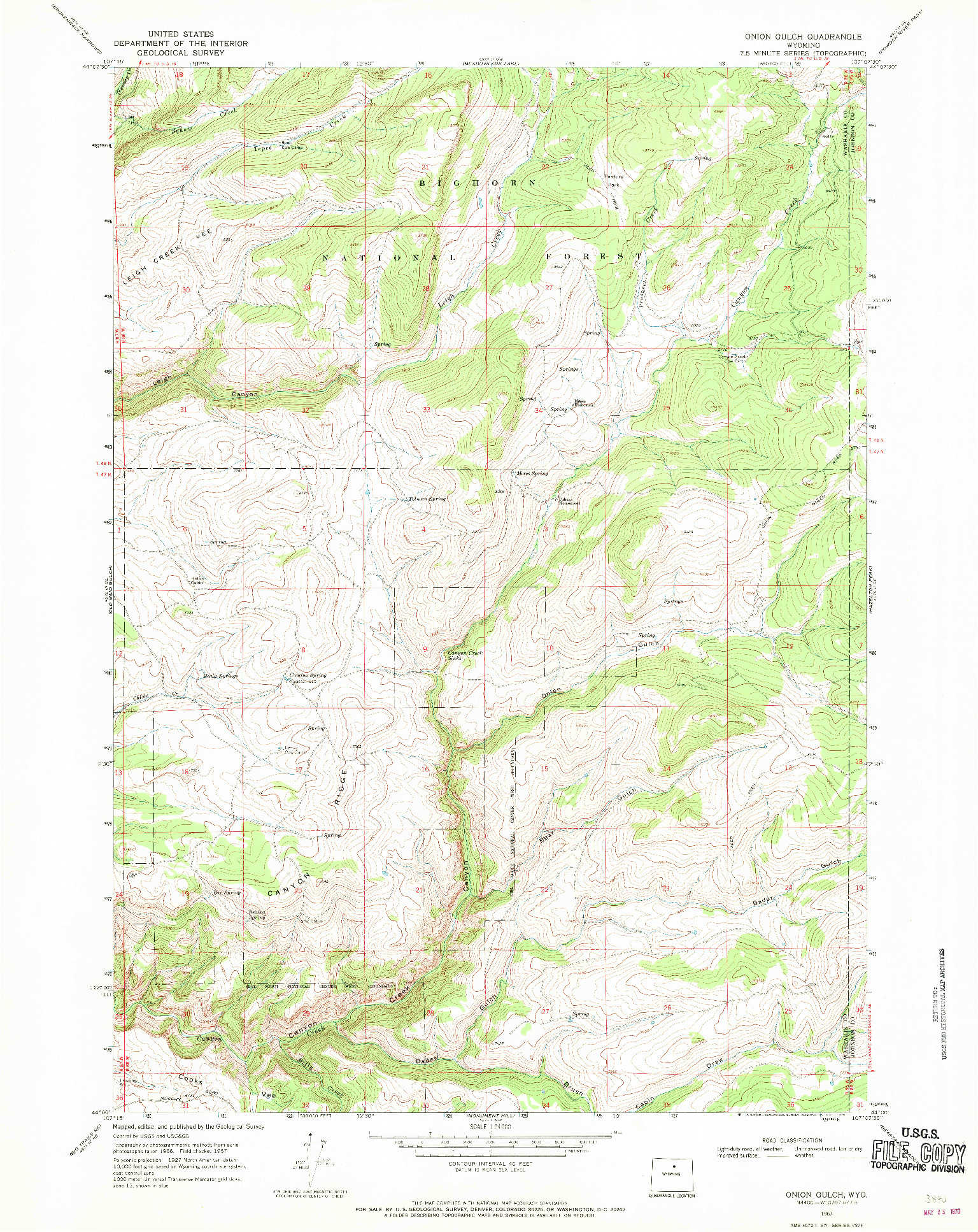 USGS 1:24000-SCALE QUADRANGLE FOR ONION GULCH, WY 1967