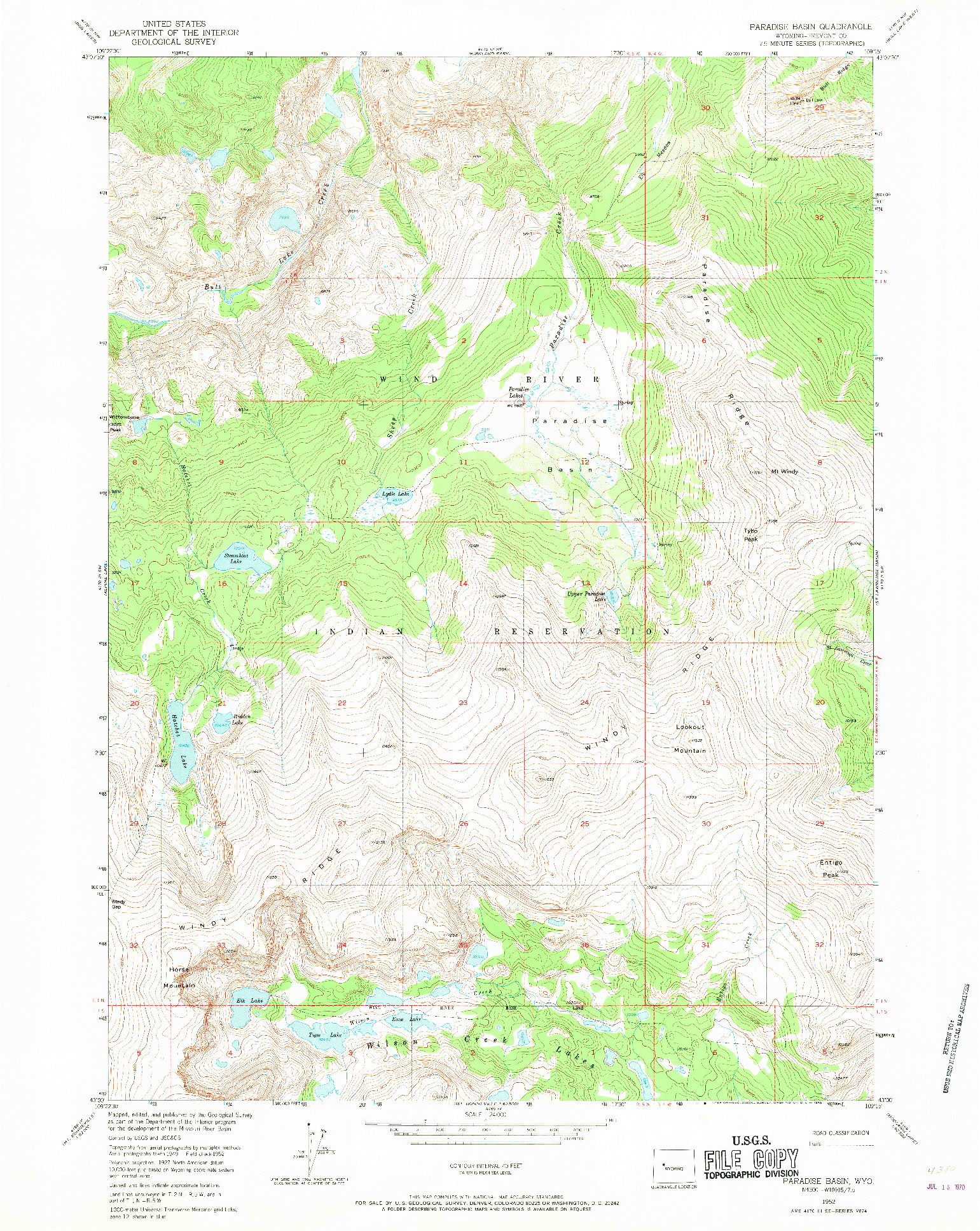 USGS 1:24000-SCALE QUADRANGLE FOR PARADISE BASIN, WY 1952