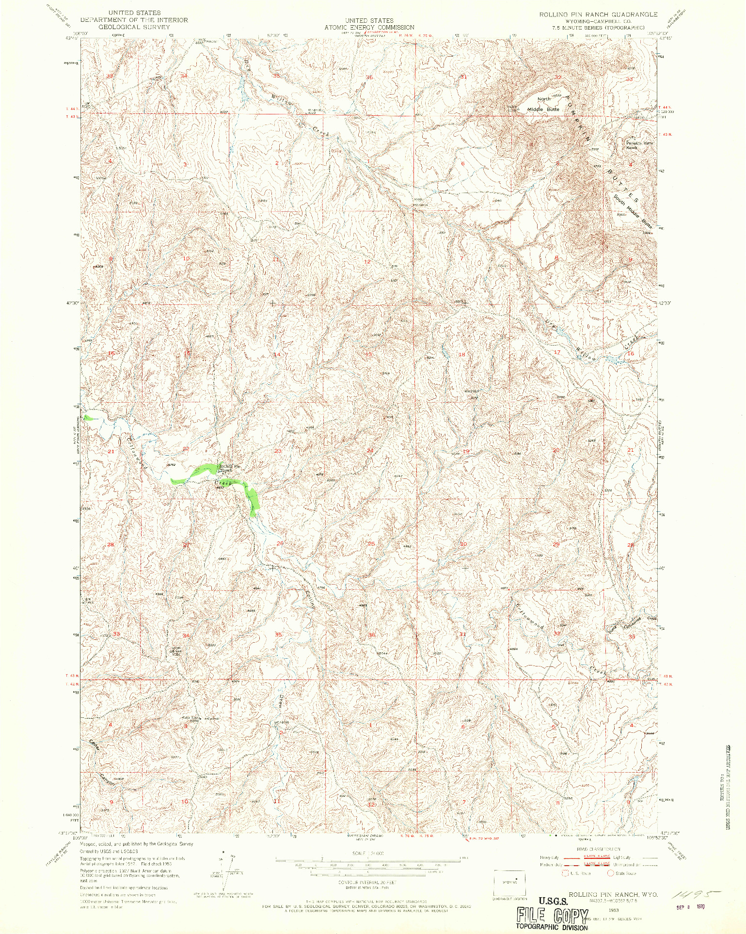 USGS 1:24000-SCALE QUADRANGLE FOR ROLLING PIN RANCH, WY 1953