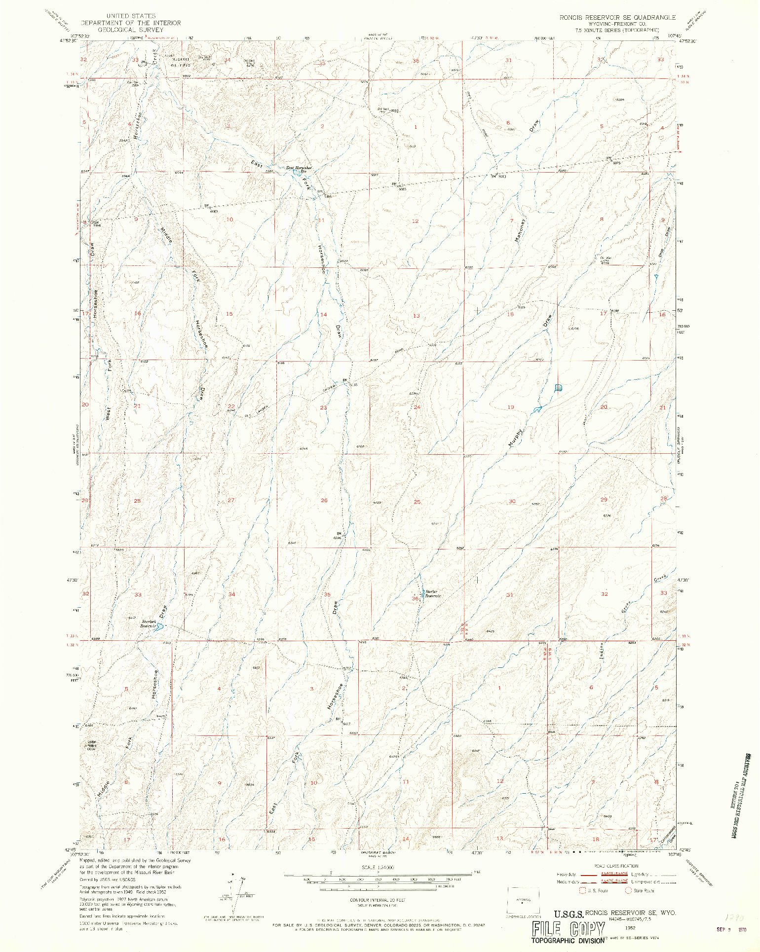 USGS 1:24000-SCALE QUADRANGLE FOR RONGIS RESERVOIR SE, WY 1952