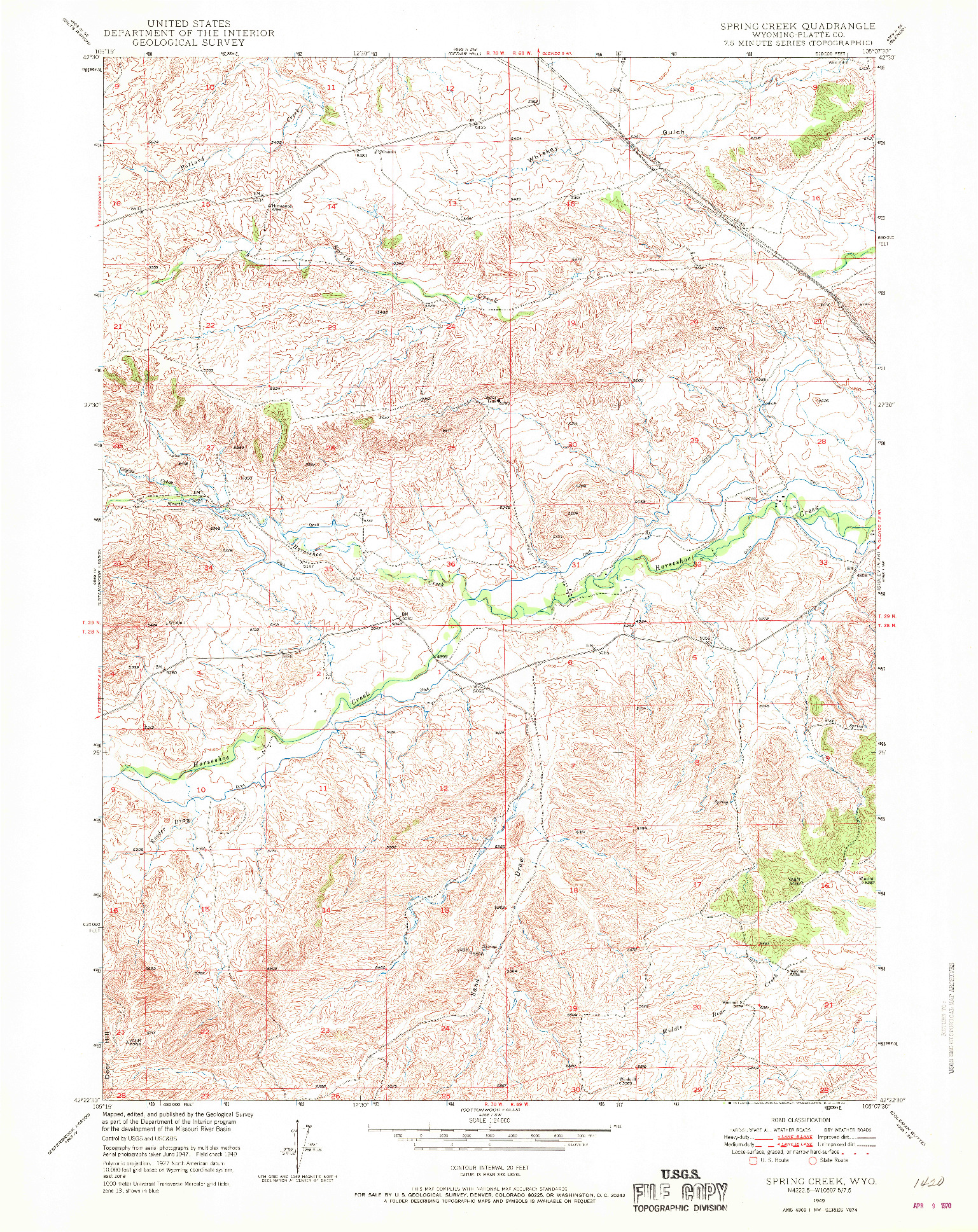 USGS 1:24000-SCALE QUADRANGLE FOR SPRING CREEK, WY 1949