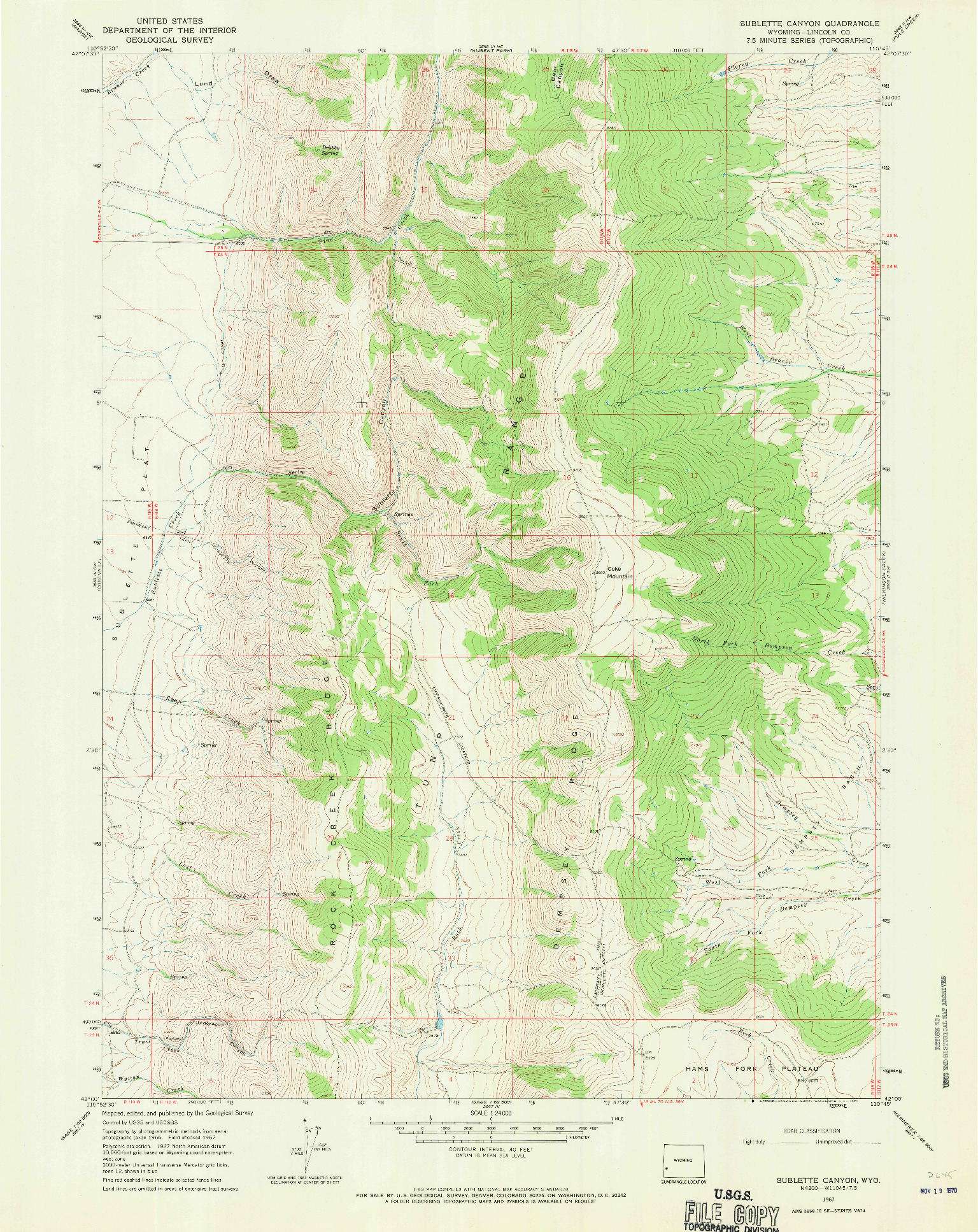 USGS 1:24000-SCALE QUADRANGLE FOR SUBLETTE CANYON, WY 1967