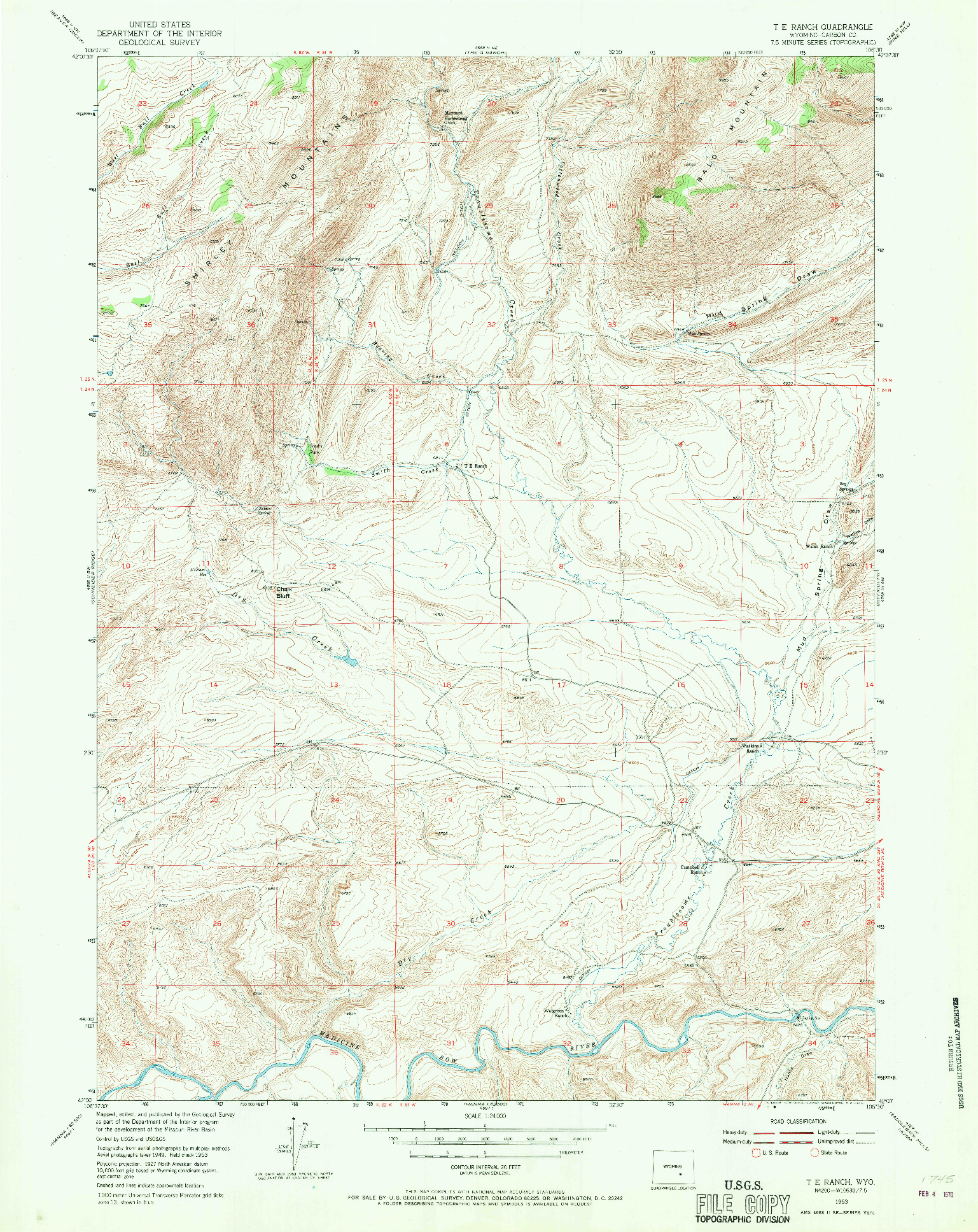 USGS 1:24000-SCALE QUADRANGLE FOR T E RANCH, WY 1953