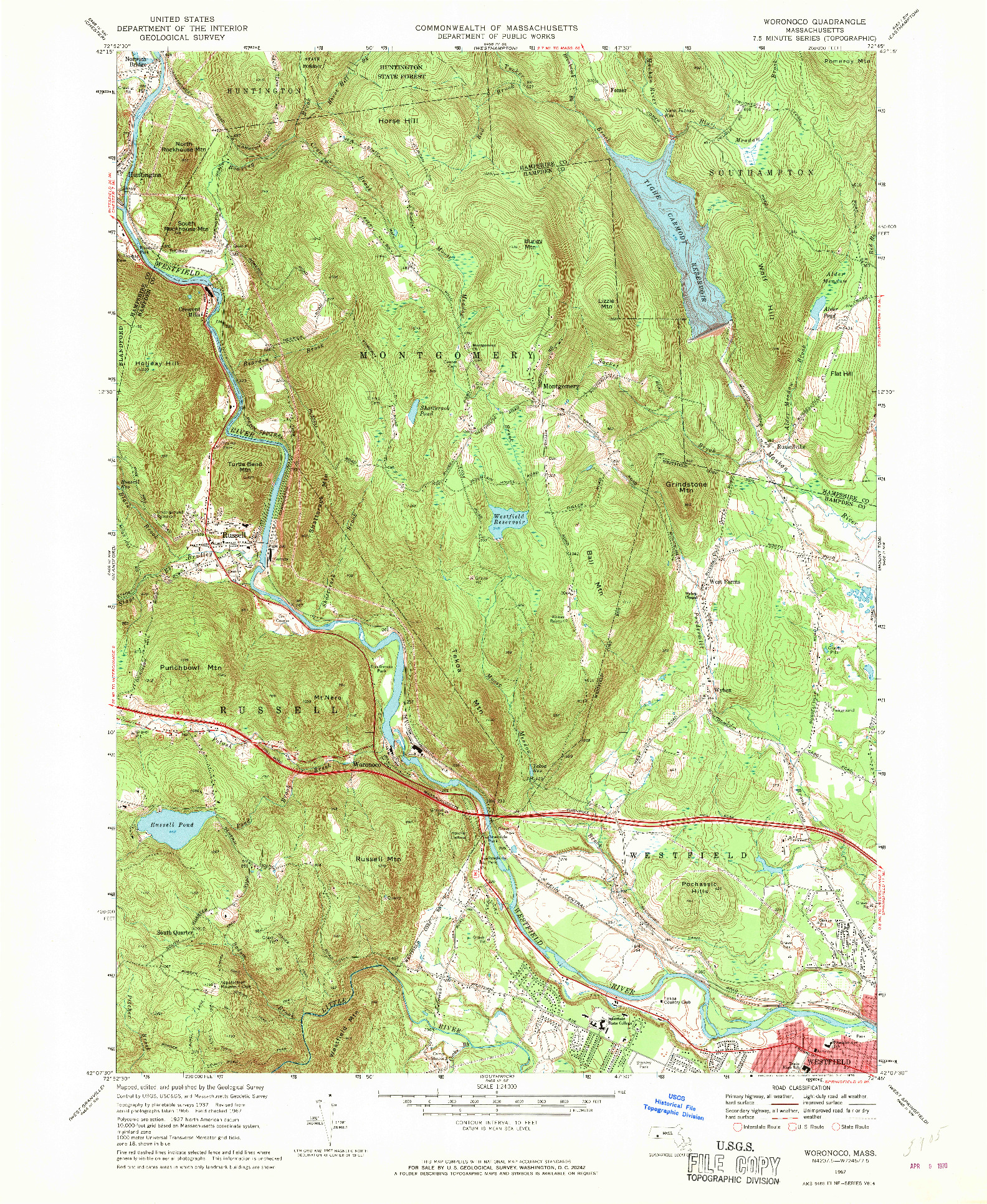USGS 1:24000-SCALE QUADRANGLE FOR WORONOCO, MA 1967