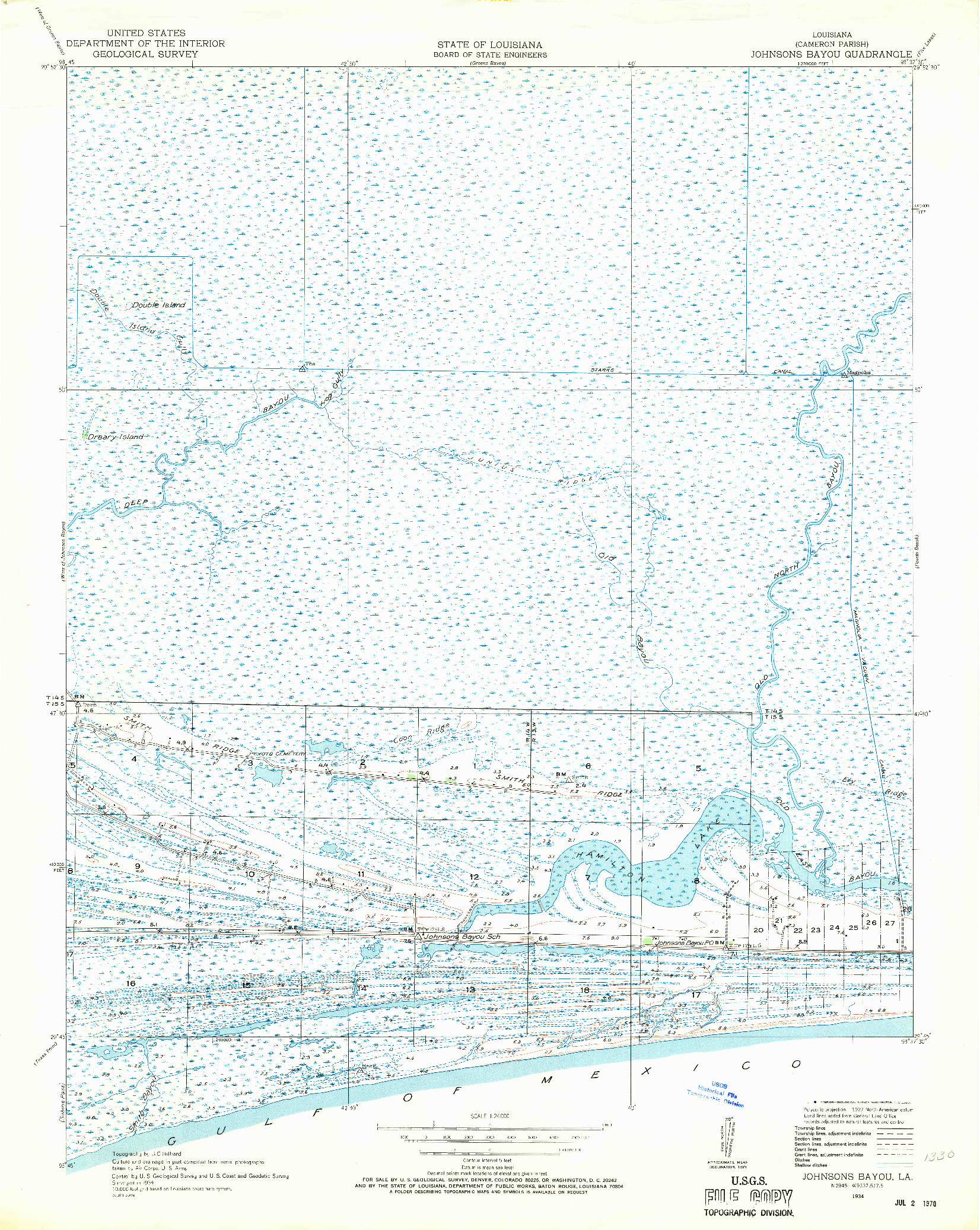 USGS 1:24000-SCALE QUADRANGLE FOR JOHNSONS BAYOU, LA 1934