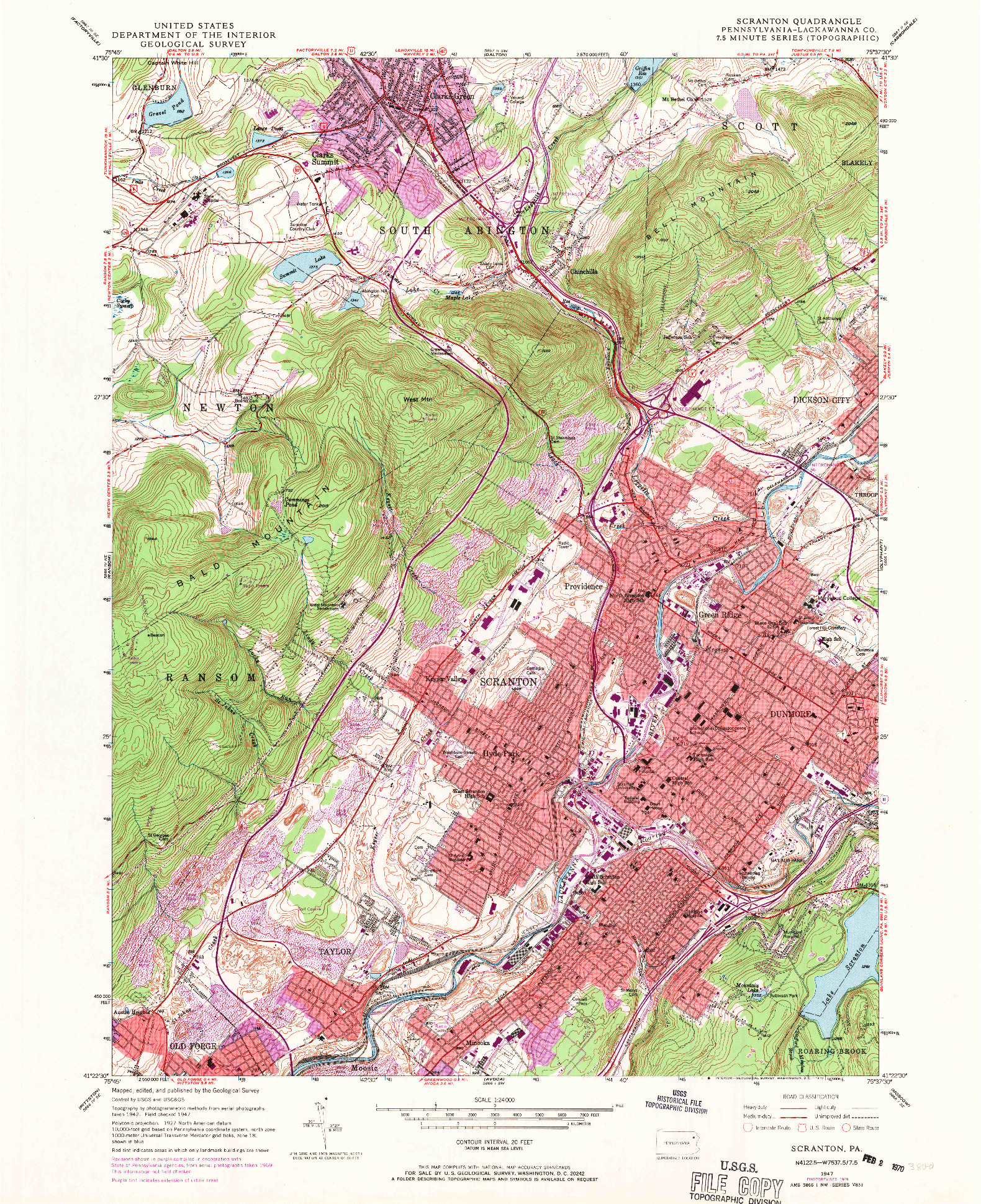USGS 1:24000-SCALE QUADRANGLE FOR SCRANTON, PA 1947
