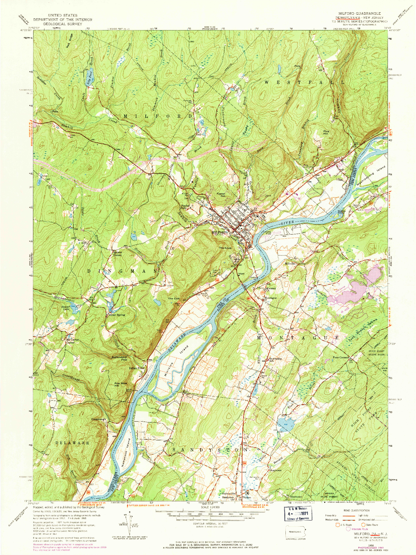USGS 1:24000-SCALE QUADRANGLE FOR MILFORD, PA 1958