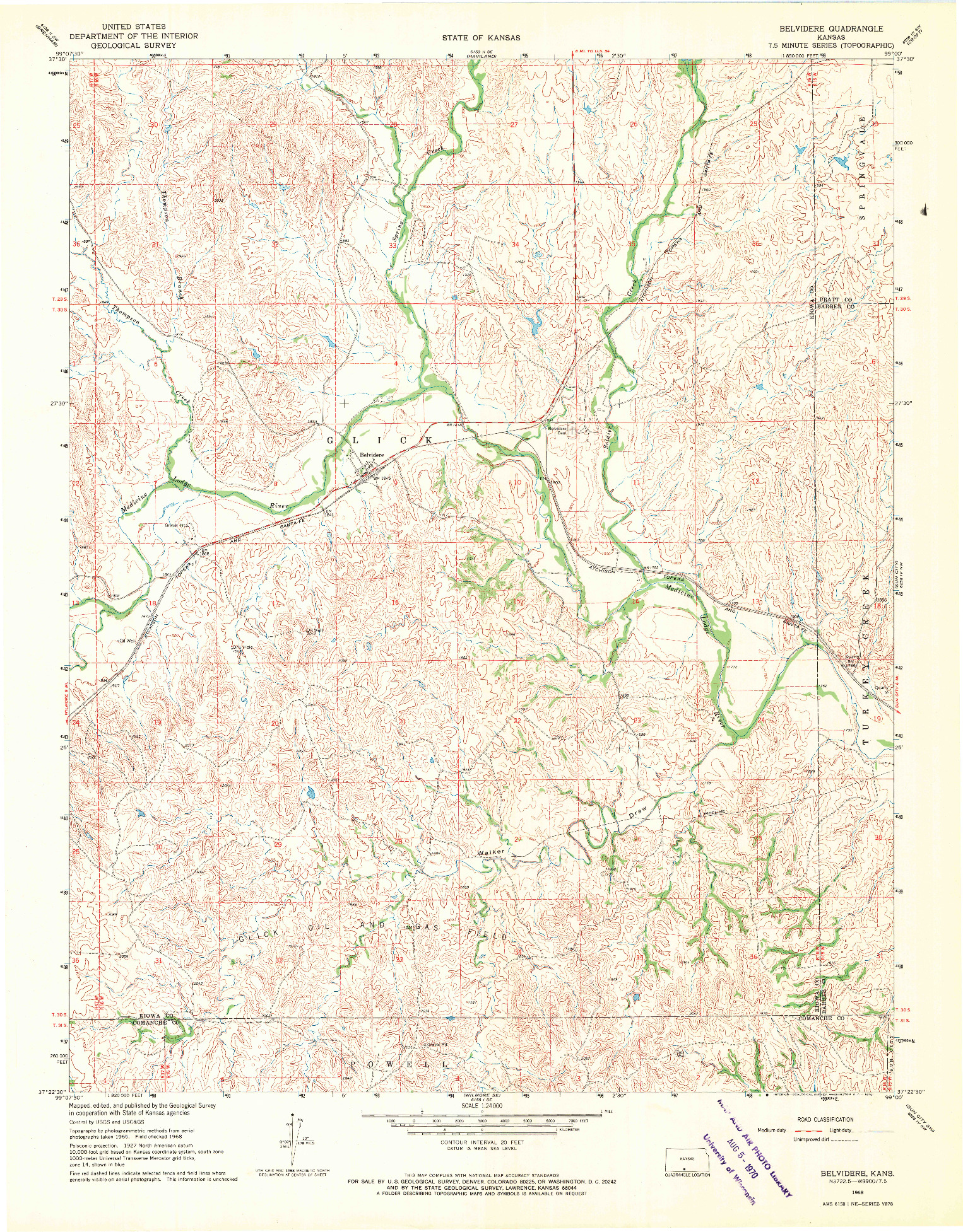 USGS 1:24000-SCALE QUADRANGLE FOR BELVIDERE, KS 1968