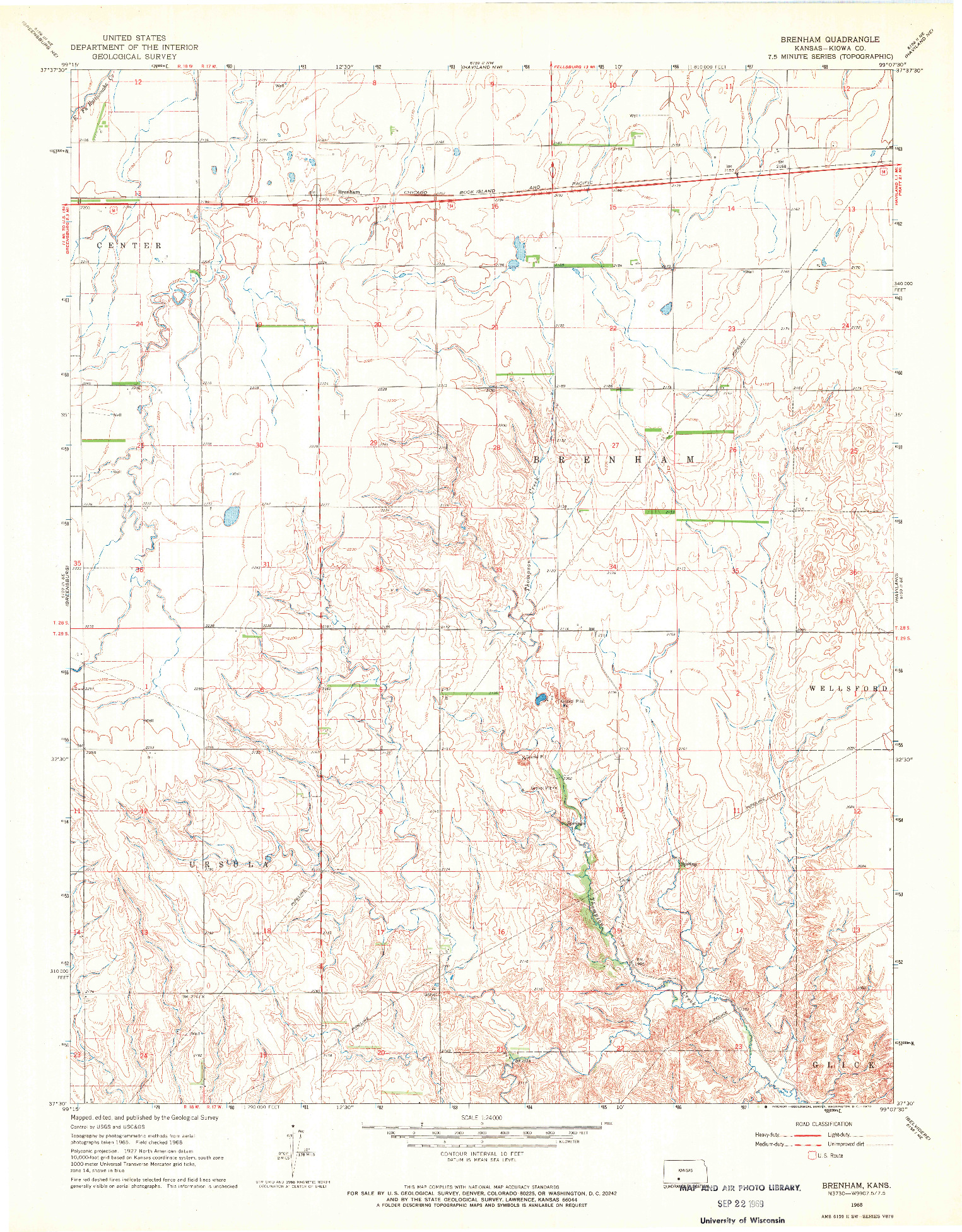 USGS 1:24000-SCALE QUADRANGLE FOR BRENHAM, KS 1968
