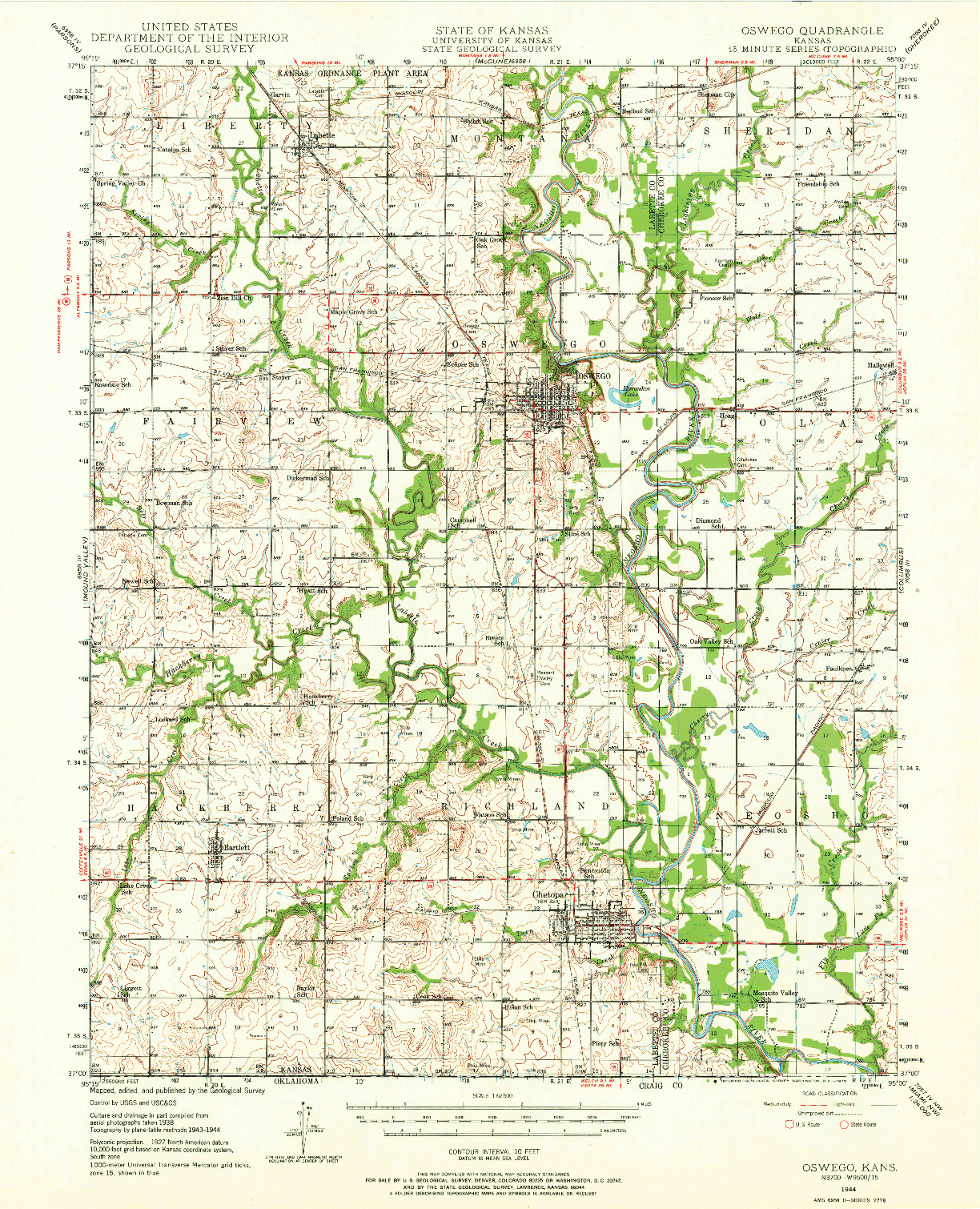 USGS 1:62500-SCALE QUADRANGLE FOR OSWEGO, KS 1944