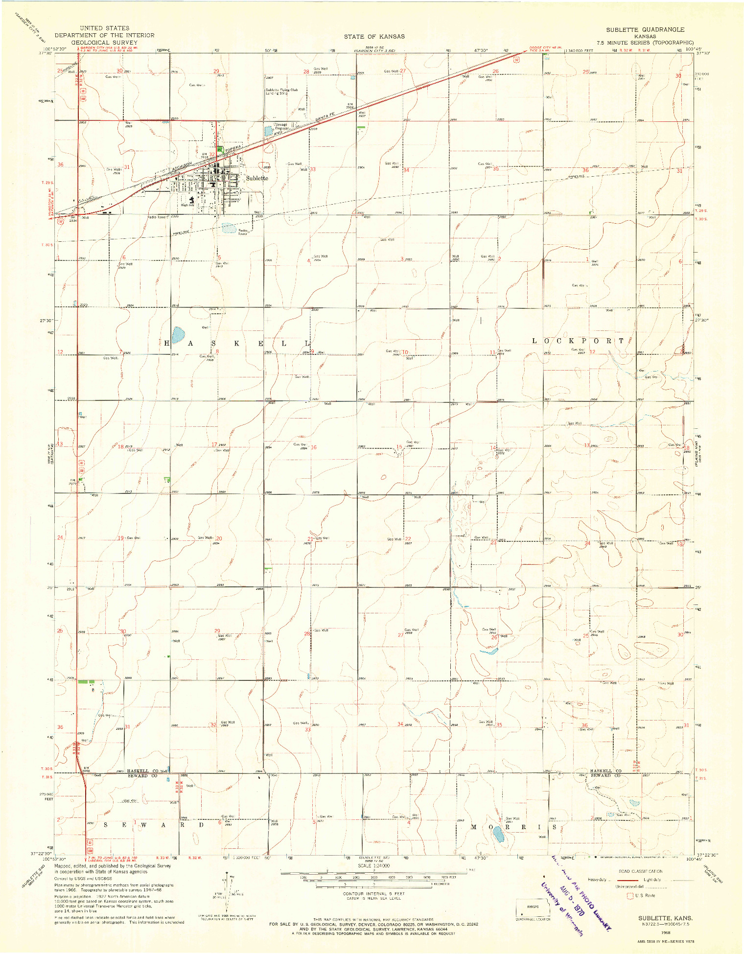 USGS 1:24000-SCALE QUADRANGLE FOR SUBLETTE, KS 1968