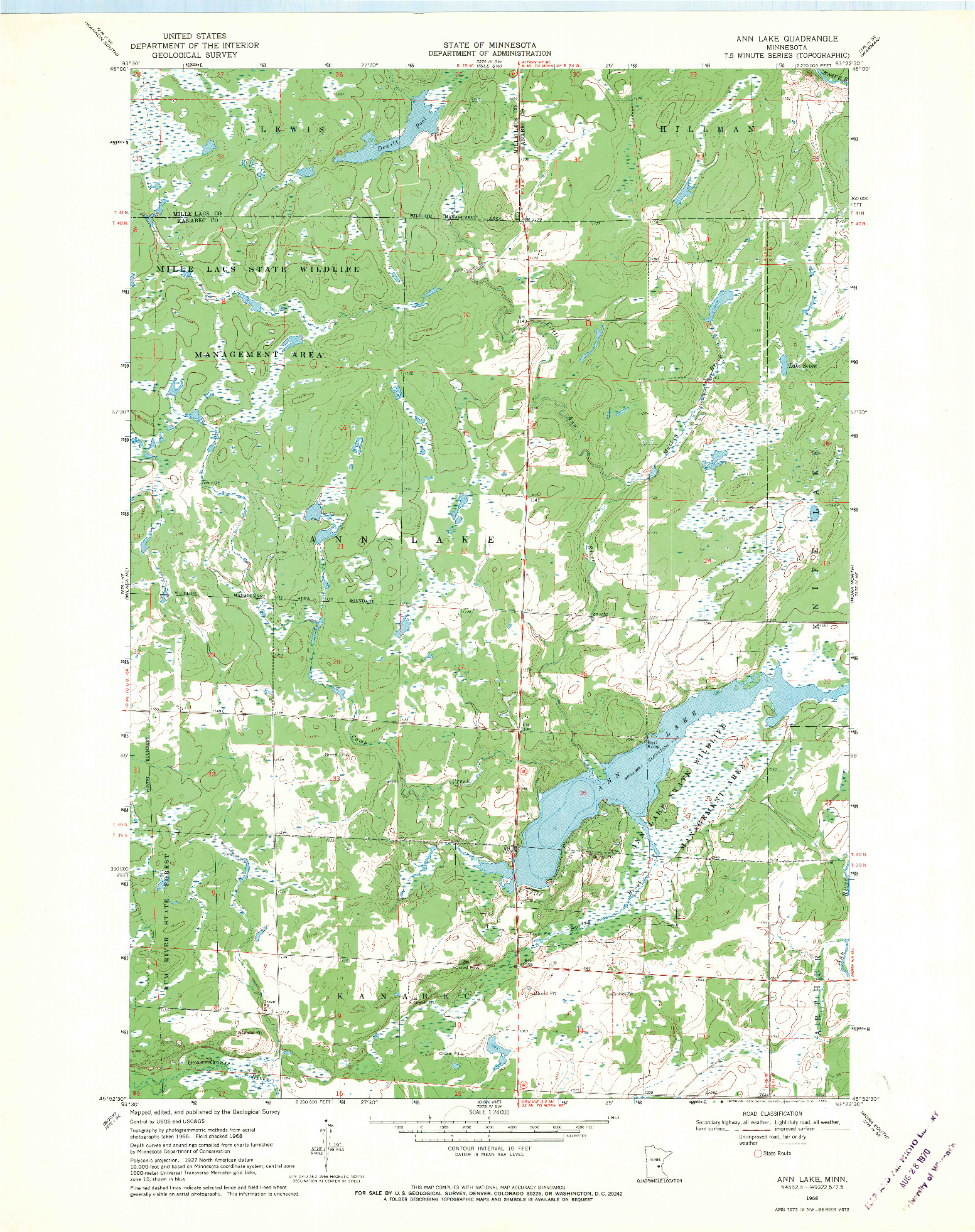USGS 1:24000-SCALE QUADRANGLE FOR ANN LAKE, MN 1968