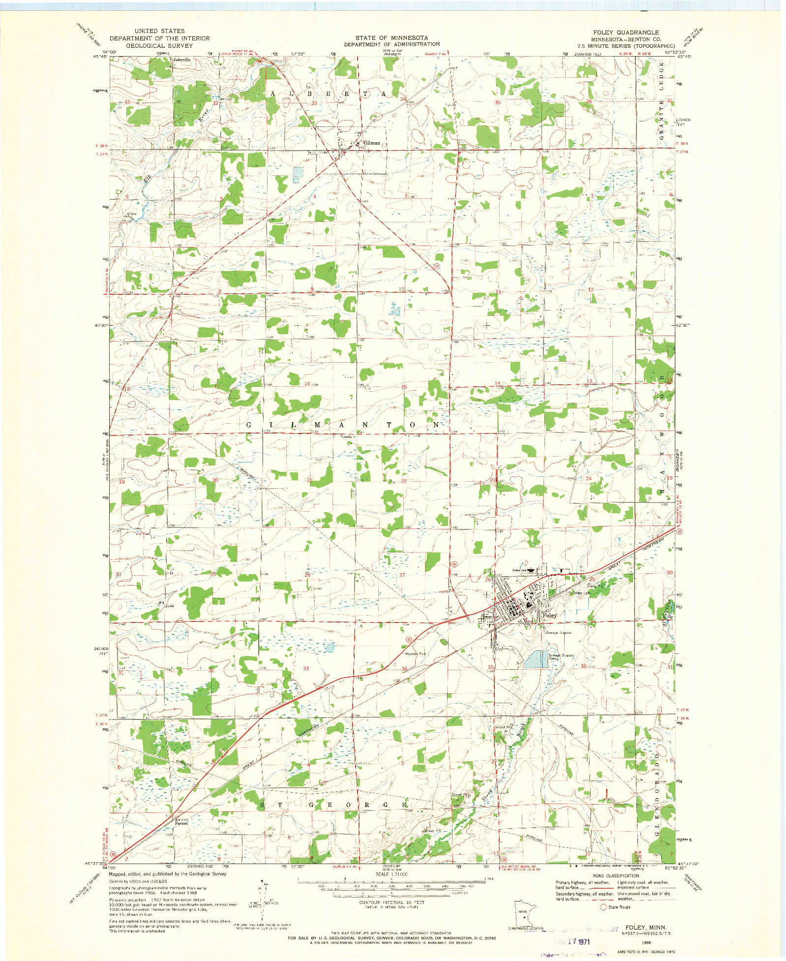 USGS 1:24000-SCALE QUADRANGLE FOR FOLEY, MN 1968