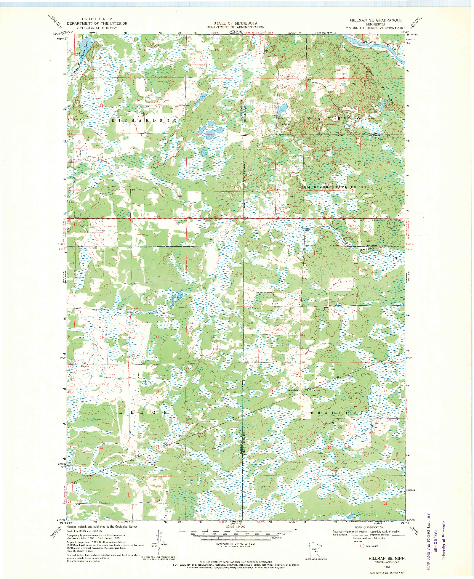 USGS 1:24000-SCALE QUADRANGLE FOR HILLMAN SE, MN 1968