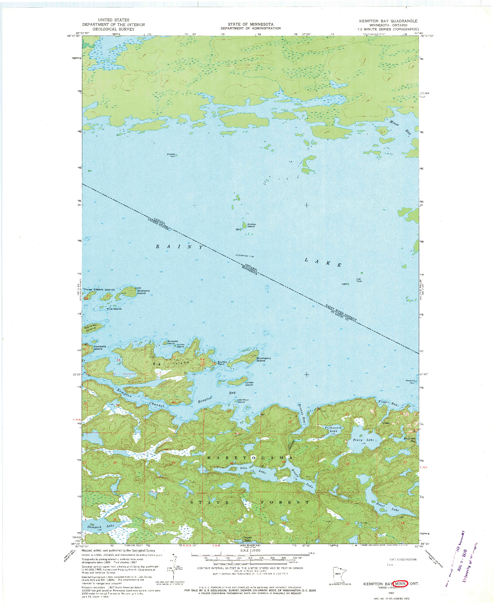 USGS 1:24000-SCALE QUADRANGLE FOR KEMPTON BAY, MN 1967
