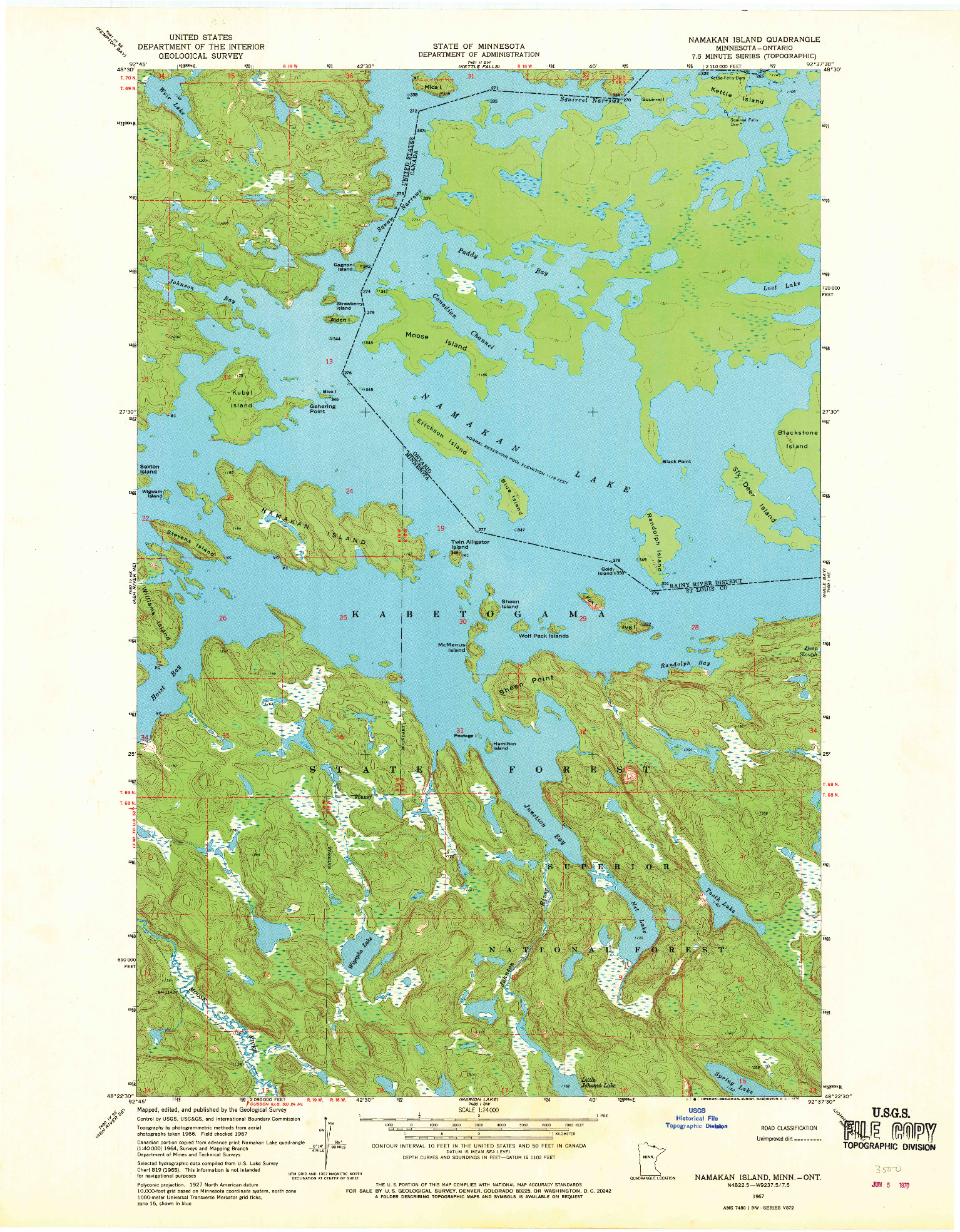 USGS 1:24000-SCALE QUADRANGLE FOR NAMAKAN ISLAND, MN 1967