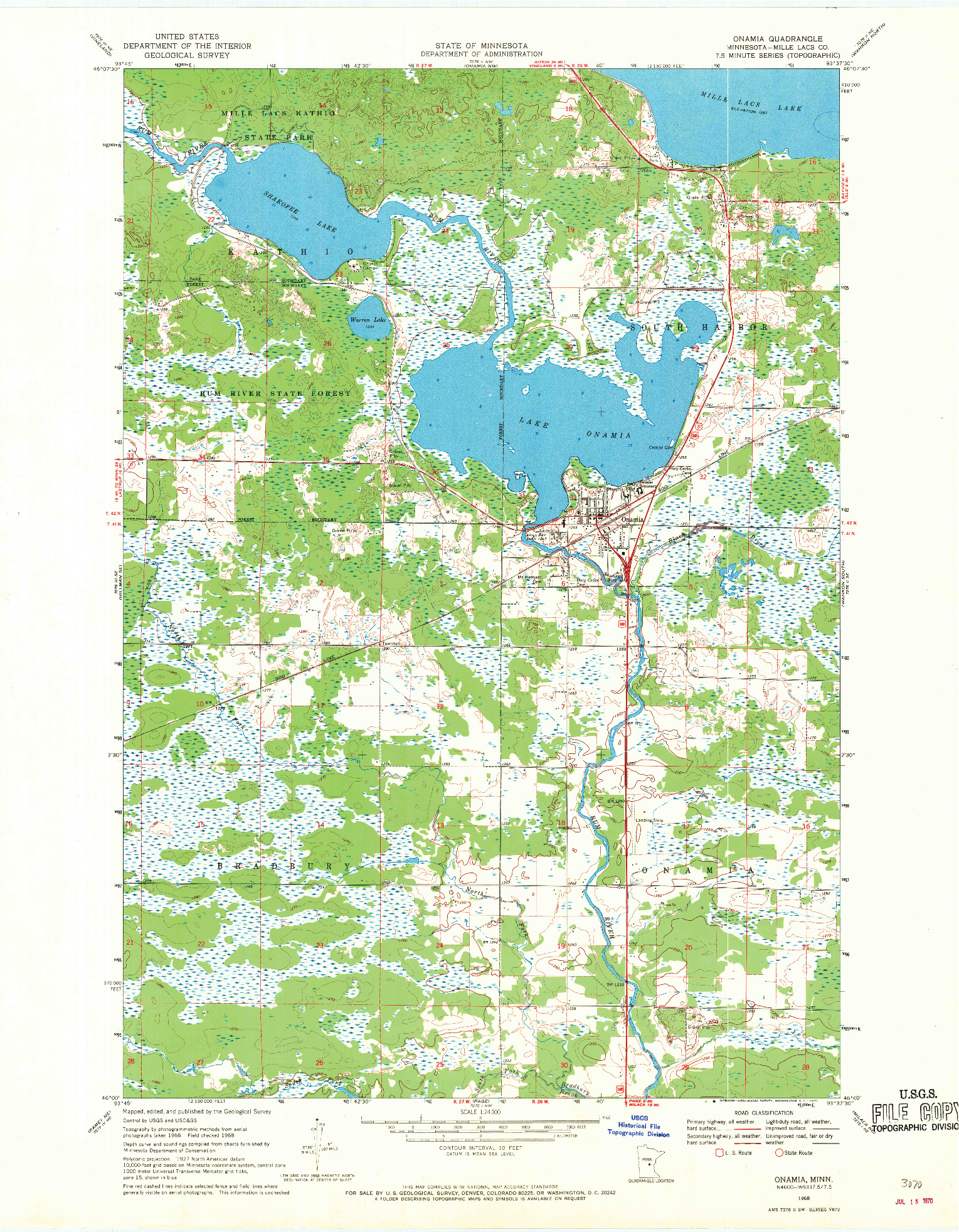 USGS 1:24000-SCALE QUADRANGLE FOR ONAMIA, MN 1968