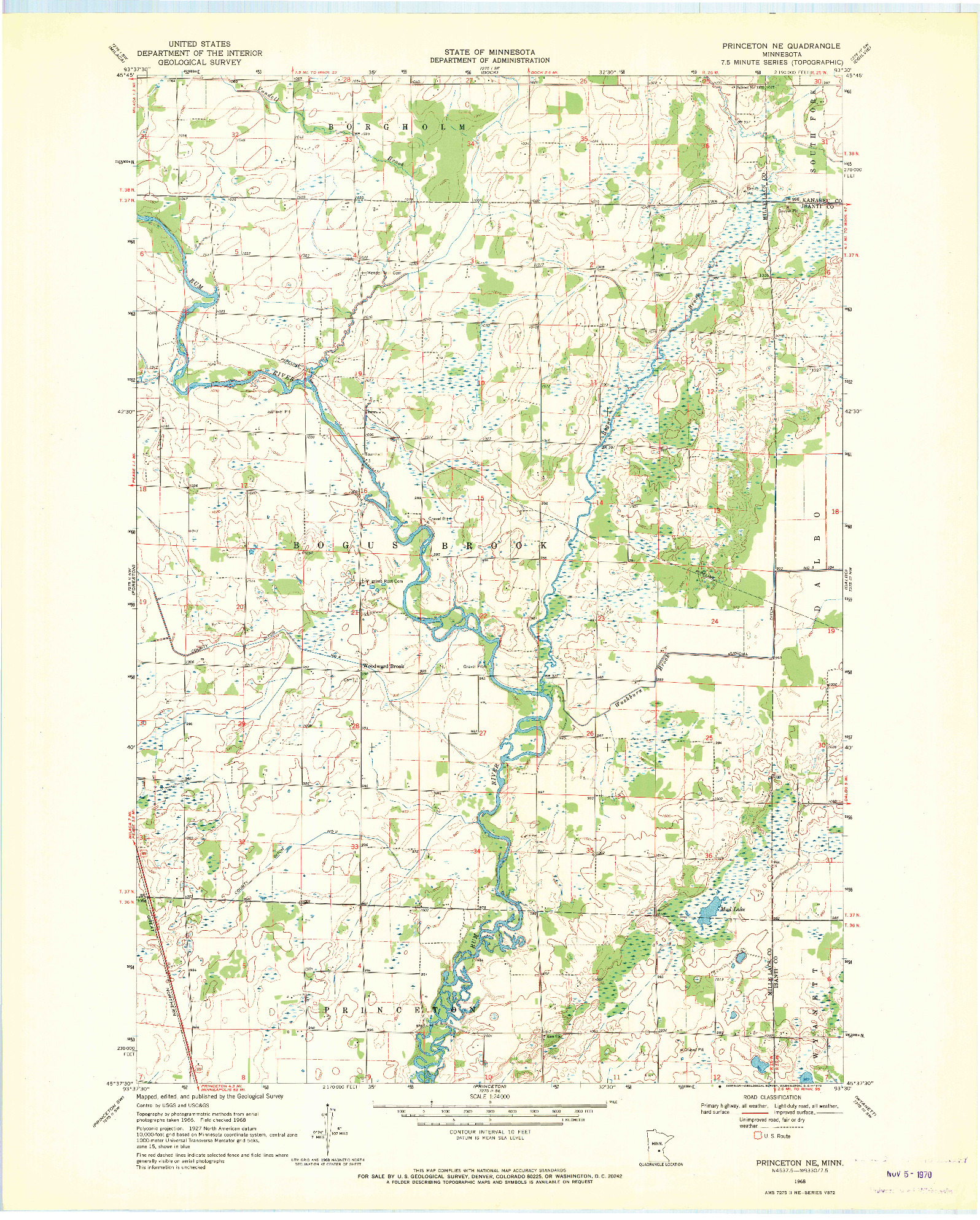 USGS 1:24000-SCALE QUADRANGLE FOR PRINCETON NE, MN 1968