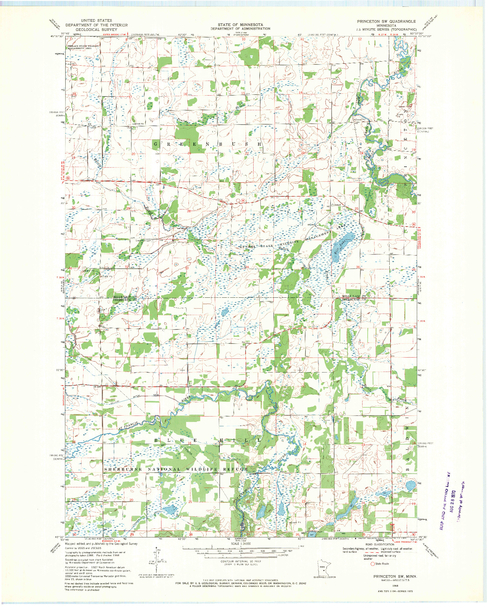USGS 1:24000-SCALE QUADRANGLE FOR PRINCETON SW, MN 1968