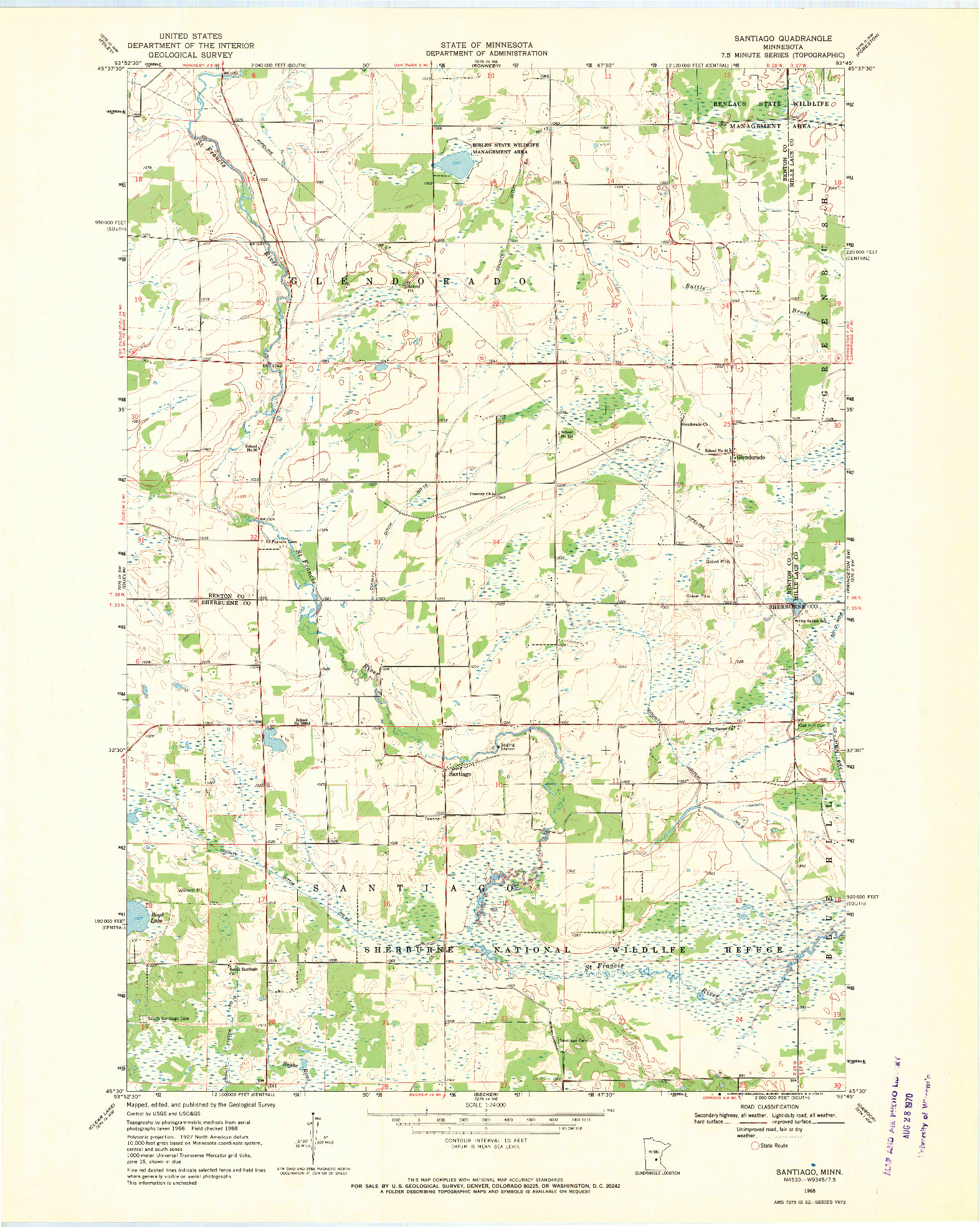 USGS 1:24000-SCALE QUADRANGLE FOR SANTIAGO, MN 1968