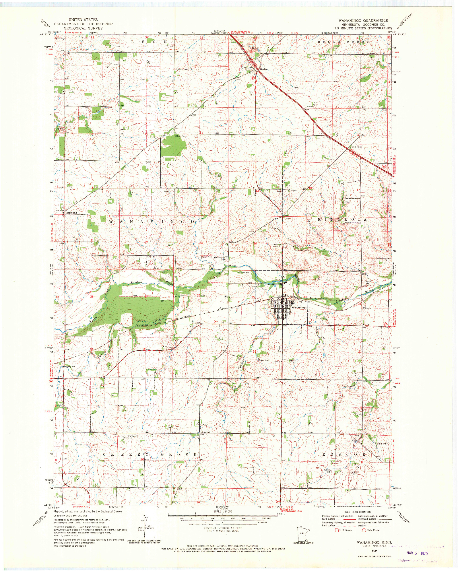 USGS 1:24000-SCALE QUADRANGLE FOR WANAMINGO, MN 1968