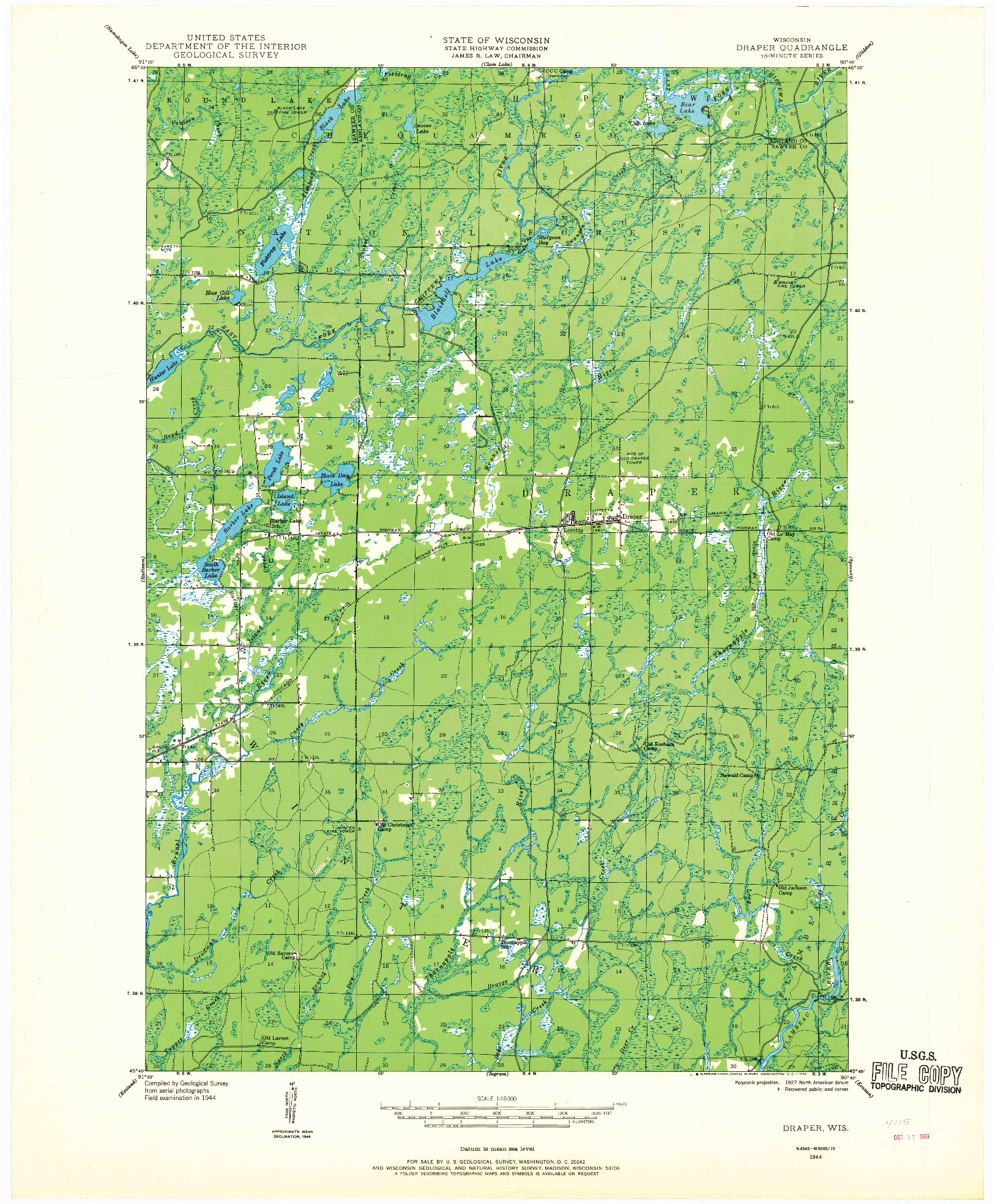 USGS 1:48000-SCALE QUADRANGLE FOR DRAPER, WI 1944