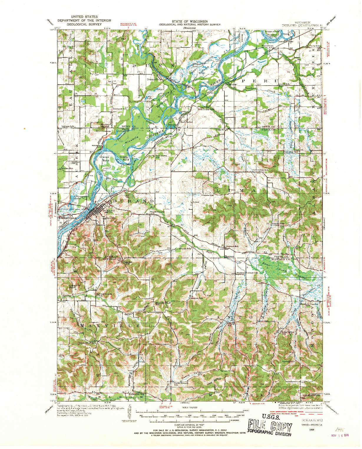 USGS 1:62500-SCALE QUADRANGLE FOR DURAND, WI 1929