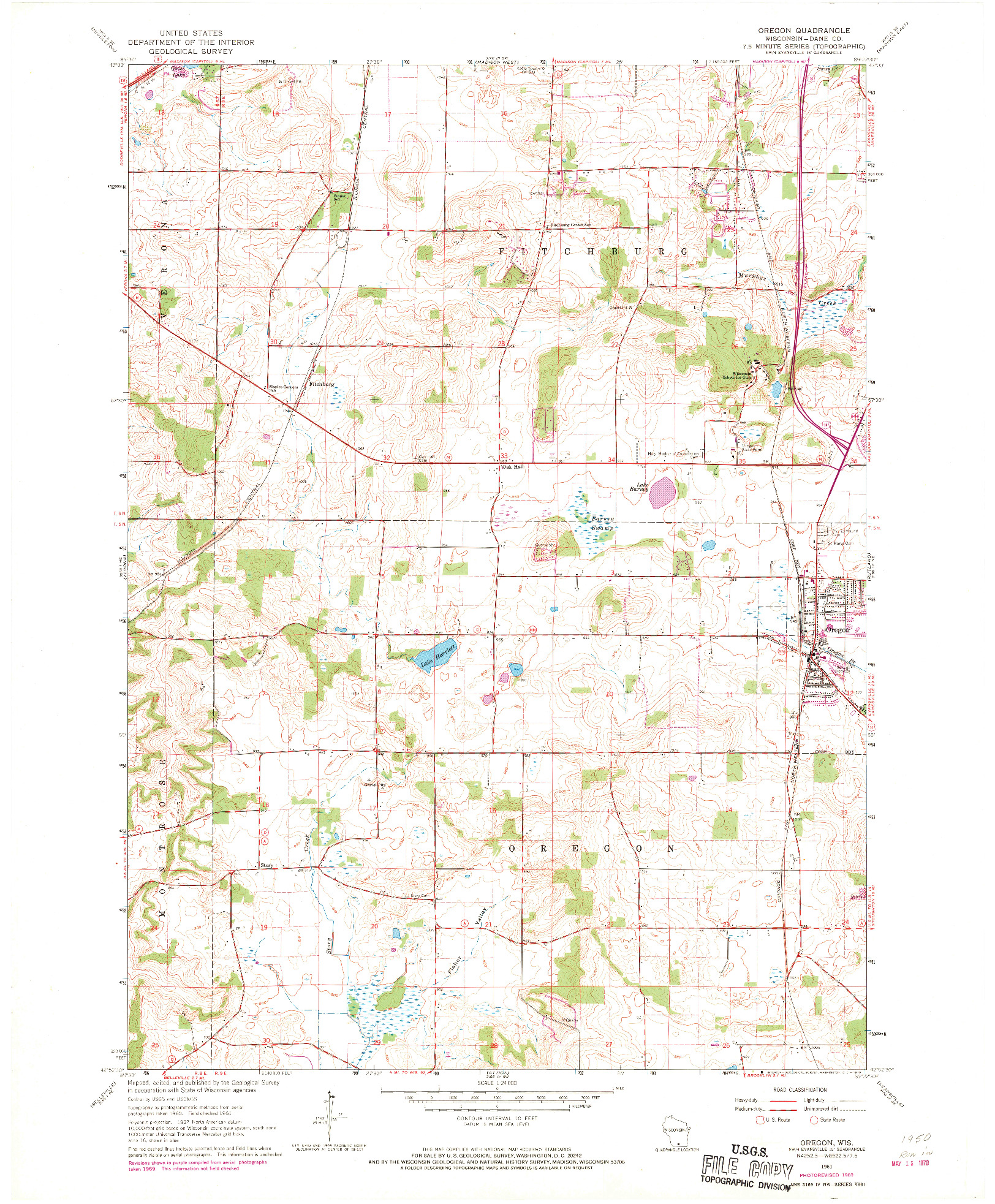 USGS 1:24000-SCALE QUADRANGLE FOR OREGON, WI 1961