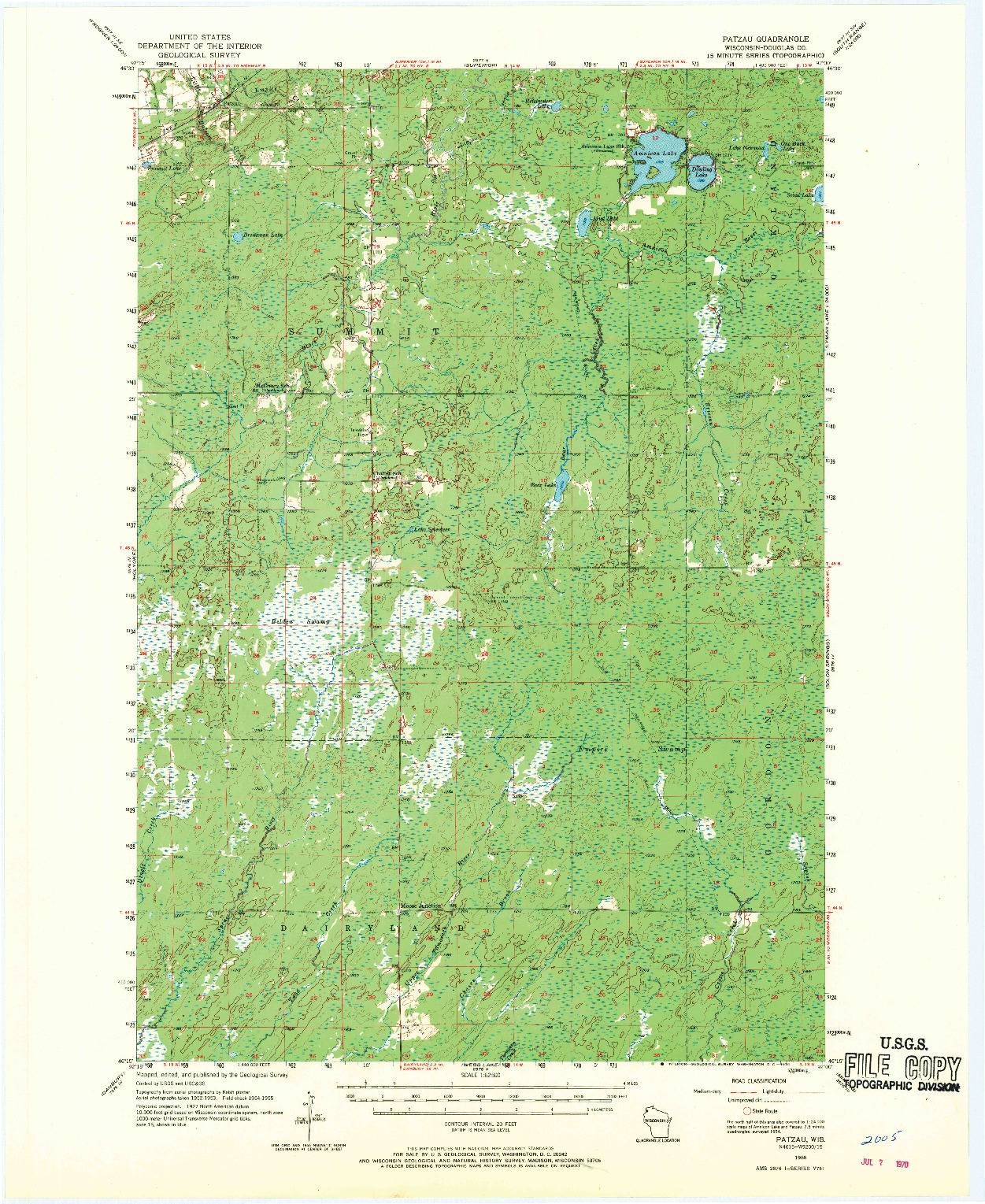 USGS 1:62500-SCALE QUADRANGLE FOR PATZAU, WI 1955